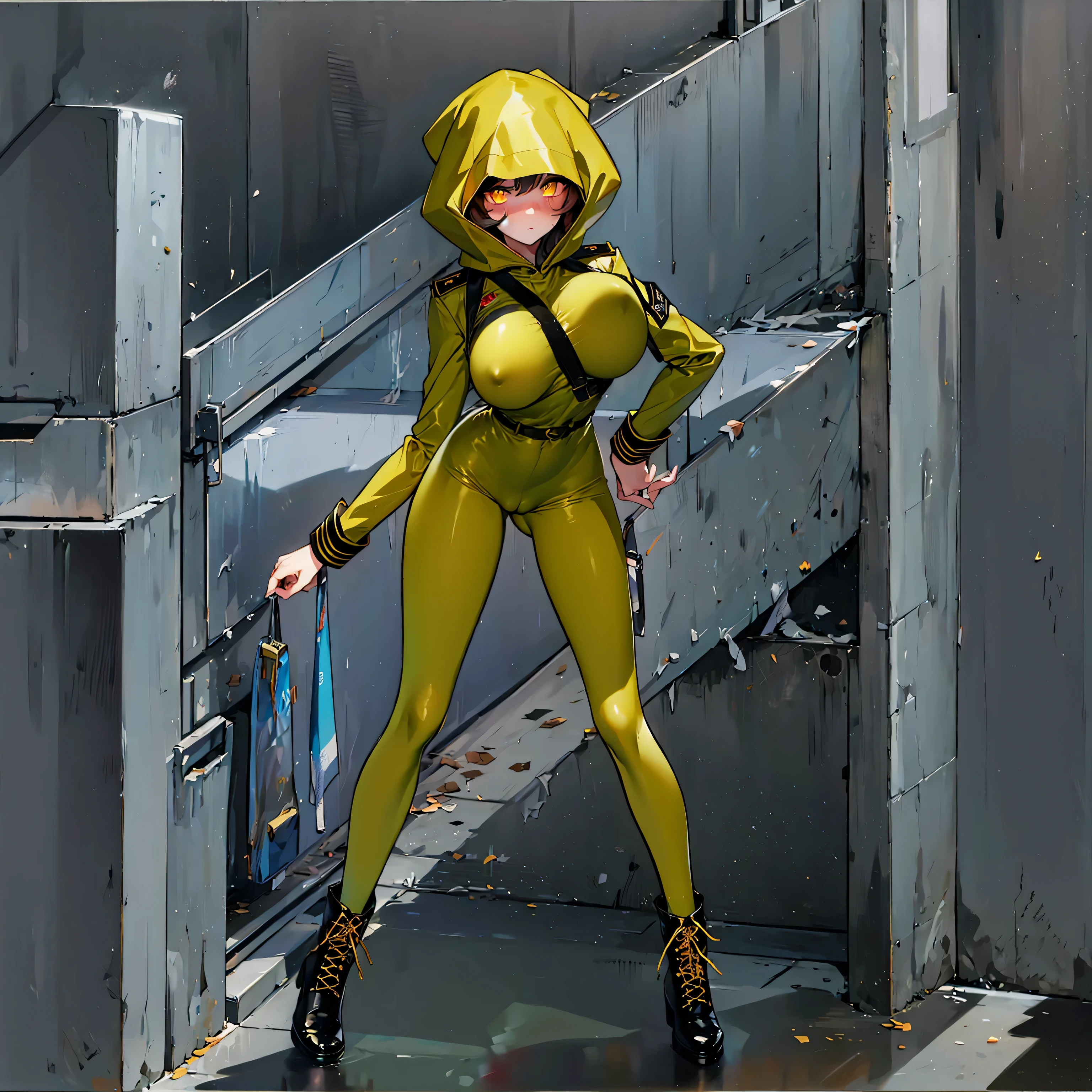 (solo cute girl standing in trench:1.3), (light brown hair:1.2) , (very long legs), (skinny long legs), (very short torso), swaying back, BREAK, (open legs:1.2), tiptoe, pigeon toed, BREAK, (bouncing unaligned large breasts:1.2), perky breasts, thin waist, BREAK, (dark brown military uniform:1.4), (hood covers face), trousers, military boots, BREAK, nose blush, looking at viewer, BREAK, (glowing golden eyes:1.6), BREAK, (wire entanglement fence in background), BREAK, (masterpiece, best quality, ultra-detailed:1.5), (nsfw:0.8), coverd erectile nipples, cameltoe, (belt sash squeezing breasts)