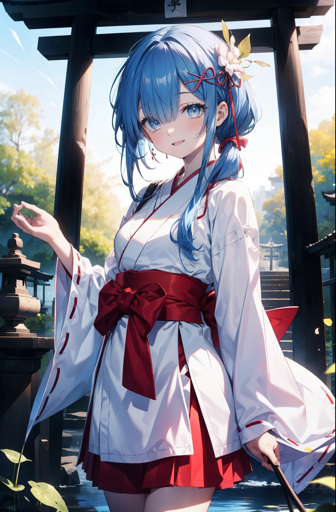 rezeroRem, Rem, blue eyes, blue hair, hair ornaments, hair above one eye, long hair,hair ribbon, x hair ornaments,happy smile, smile, open your mouth,skirt,Platycodon grandiflorum,Miko, white kimono, red hakama,white foot bag,Zori sandals,kimono, skirtと同様に, wide sleeve, long sleeve, ribbon trim sleeves, とてもlong hair, dull bangs, low ponytail, 
break outdoors,shrine,torii,
break looking at viewer, whole body,Upper body,,(cowboy shot:1.5),
break (masterpiece:1.2), highest quality, High resolution, unity 8k wallpaper, (shape:0.8), (fine and beautiful eyes:1.6), extRemely detailed face, perfect lighting, extRemely detailed CG, (perfect hands, perfect anatomy),