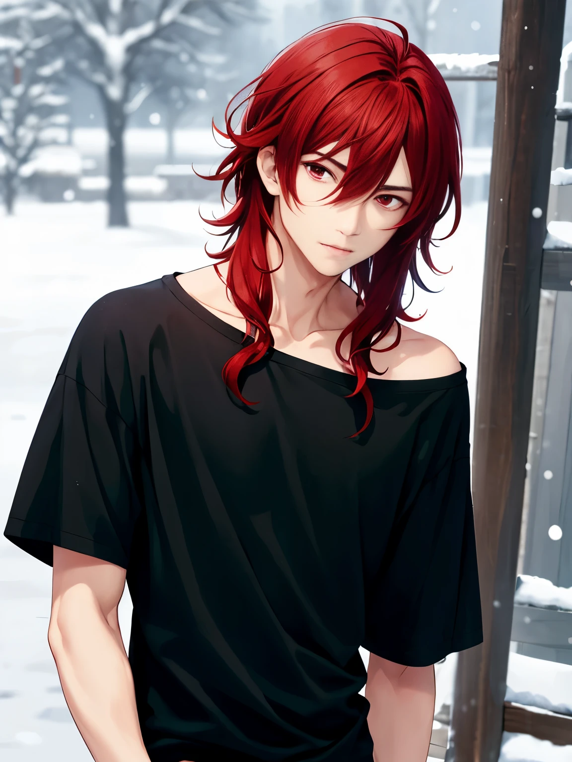 1boy, cool style,Black t-shirt,standing,close up photo,snowing,handsome,Shoulder length hair,curly hair, red hair,black trousers, black t-shirt,red eyes, vampire