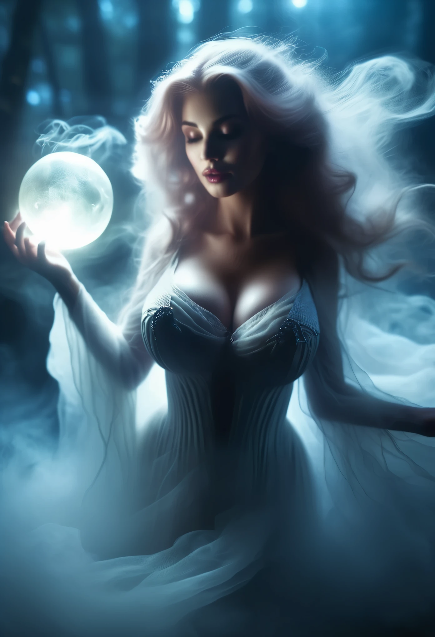 Enchanting witches dancing gracefully amidst swirling mists and glowing ethereal orbs in a moonlit clearing. (perfect face:1.6), (perfect realistic skin texture:1.5), (perfect eyes:1.5), photorealism, (sfw huge breasts:1.6)