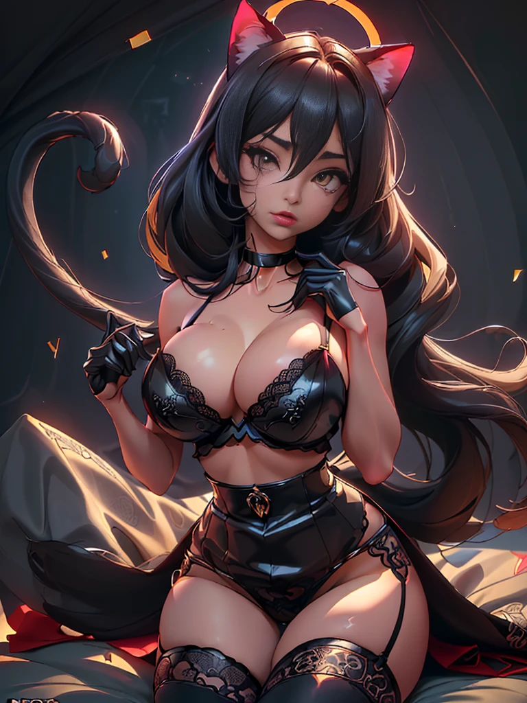 ((Cute pose)), ((kneel down on bed)) ((Sexy, tall beautiful pet catgirll)) ((cat ears, cat tail, cat furr, cat paws, cat feet, cat claws)) ((Big bright yellow cat eyes)) ((dark eyeshadows make up)) ((bright red lipstick)), ((long straight black hair, twin tail hair with bangs covering one eye)) ((big breasts:1.8)) ((slender body:1.3)) ((wear black lace thong lingerie)) ((black lace stocking, long black lace gloves, gsrterbelt)) ((choker)) ((inside bedroom, with many pillows around))((high definition:1.5), ((low intencity lights)) ((masterpiece:1.5))((8k:1.5)) ((Best quality:1.4))
