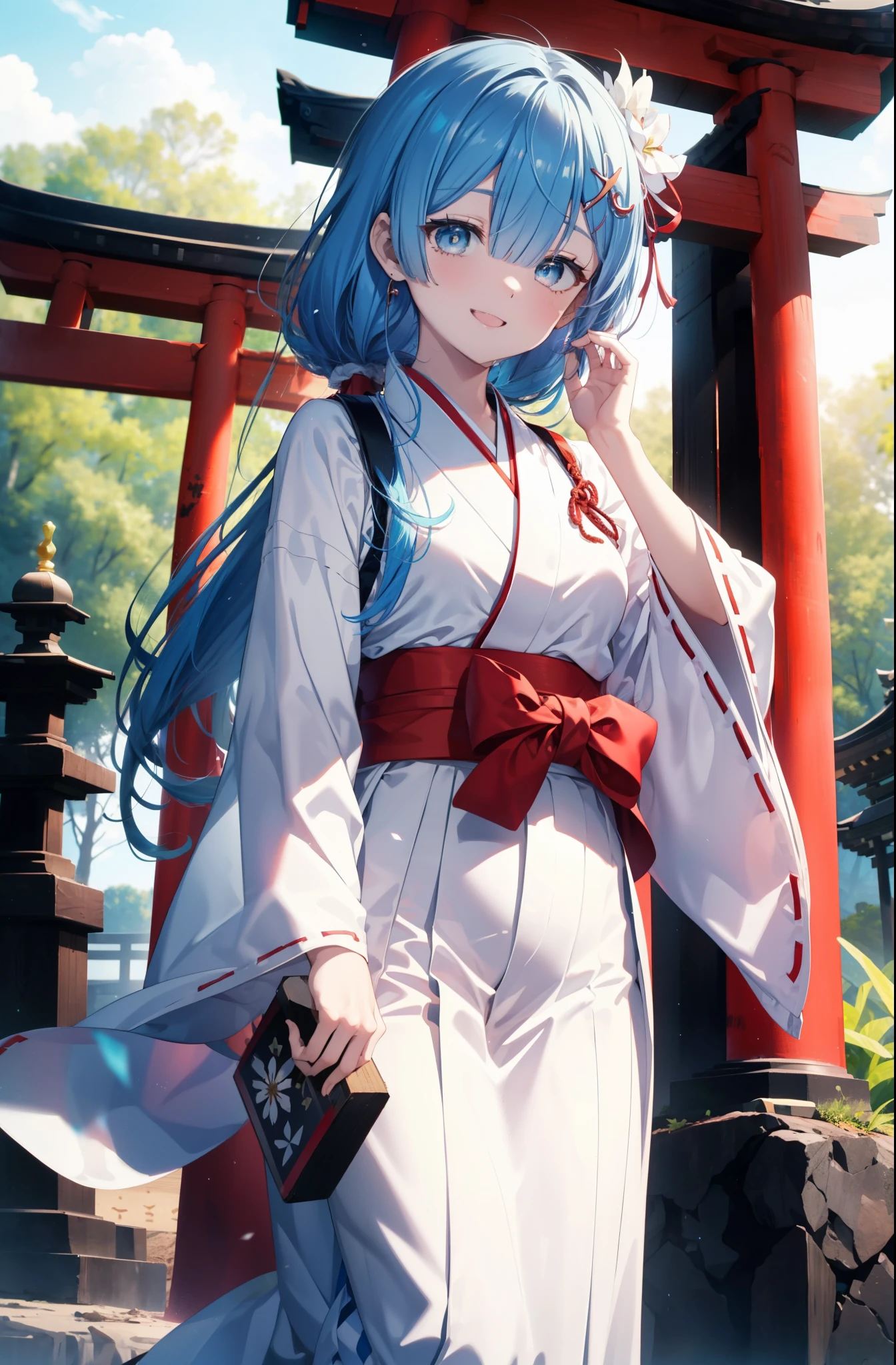 rezeroRem, Rem, blue eyes, blue hair, hair ornaments, hair above one eye, long hair,hair ribbon, x hair ornaments,happy smile, smile, open your mouth,skirt,Platycodon grandiflorum,Miko, white kimono, red hakama,white foot bag,Zori sandals,kimono, skirtと同様に, wide sleeve, long sleeve, ribbon trim sleeves, とてもlong hair, dull bangs, low ponytail,
break outdoors,shrine,torii,
break looking at viewer, whole body,Upper body,,(cowboy shot:1.5),
break (masterpiece:1.2), highest quality, High resolution, unity 8k wallpaper, (shape:0.8), (fine and beautiful eyes:1.6), extRemely detailed face, perfect lighting, extRemely detailed CG, (perfect hands, perfect anatomy),