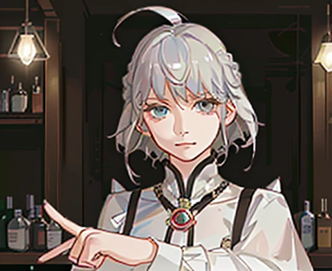 ((16 nights as a bartender)), ((They want a project)), Disguise, 20-year-old woman, (((Gray hair)), ((Medium spiky hair)), ((beautiful costume )), ((White blouse)), the middle, (a light)))), (antiquities))), (Realistic picture: 1.3), rim a lighting, (Highly detailed leather:1.2), 8k UHD, dslr, High quality, High accuracy, 4K, 8k, sad, absurdity, The best ratio is four fingers and one thumb, (real:1.3), Cutest 1 girl, 