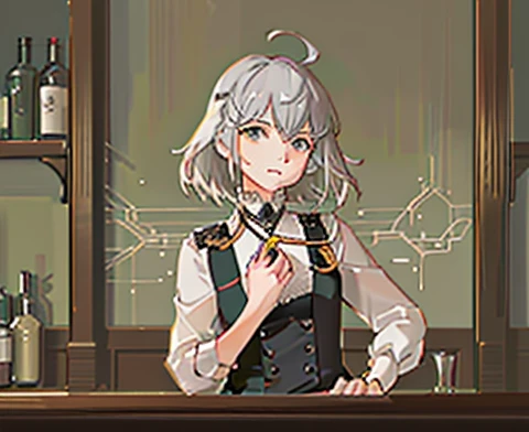 ((16 nights as a bartender)), ((They want a project)), Disguise, 20-year-old woman, (((Gray hair)), ((Medium spiky hair)), ((beautiful costume )), ((White blouse)), the middle, (a light)))), (antiquities))), (Realistic picture: 1.3), rim a lighting, (Highly detailed leather:1.2), 8k UHD, dslr, High quality, High accuracy, 4K, 8k, sad, absurdity, The best ratio is four fingers and one thumb, (real:1.3), Cutest 1 girl, 