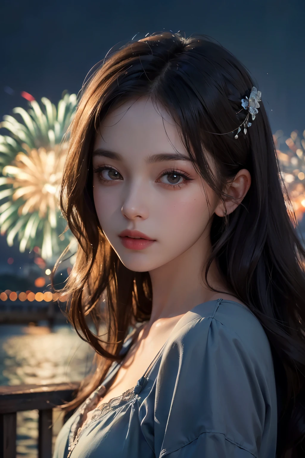 1 girl, beauty on the bridge, Exquisite eyes,beautiful and delicate lips,very detailed 눈과 얼굴,long eyelashes, wavy hair, enchanted scenery,(best quality,4K,8 thousand,high resolution,masterpiece:1.2),very detailed,(realistic,realistic,realistic:1.37), dynamic pose, Night scene with fireworks exploding, 