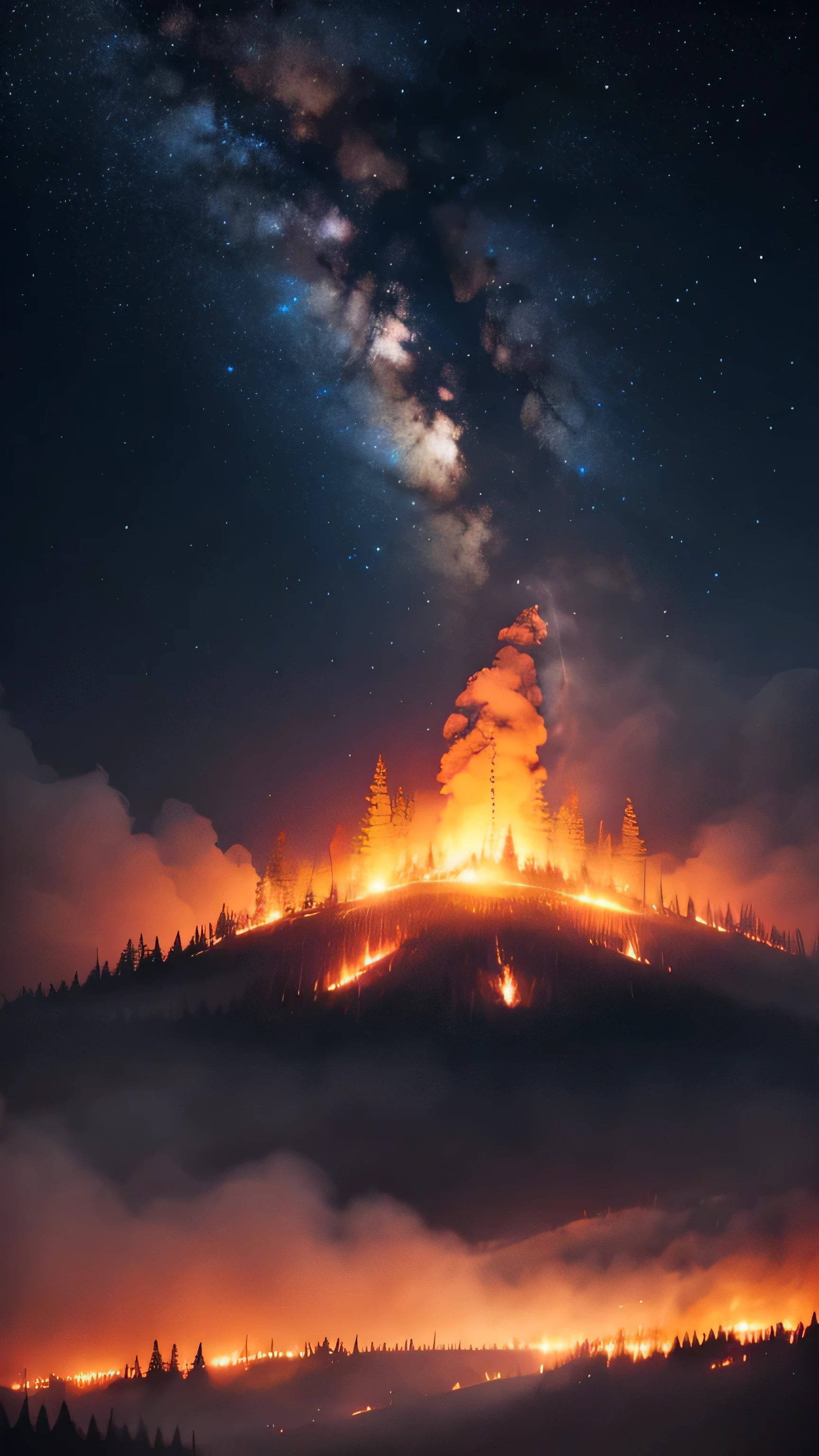 forest fires, night sky, 8k