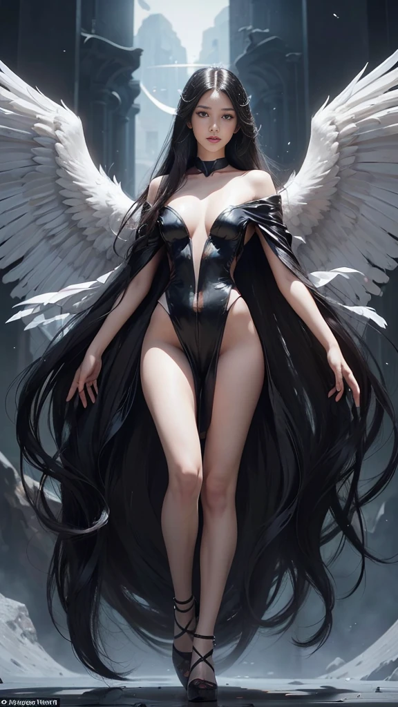 highest resolution, 16k, Realistic picture, angel, (There are many wings on the shoulders., wings separated, pure white wings, Add wings to the shoulders., The broad-winged god carries enormous power on her shoulders., Add dynamic wings, Many wings on her shoulders),long black hair:1.5, (Beautiful girl with two meter long hair, my hair is very long, long black hair, extra long hair, striking long hair, Beauty that comes from long hair, long black hair), (Smooth white skin, Smooth white skin, very red lips, charming standing posture), big breastโต:1.4, (Huge breasts, big breast, The breasts are soft and fluffy., Plump breasts), (small waist, hips raised, small thighs, Long legs, Women who are 172 centimeters tall, perfect proportions, Anatomically correct, proportional anatomy), dynamic poses, Porn:1.4, (not wearing clothes, naked, Porn, see pussy, see tits, Body Reveal), Float in the air, darkness, (See the whole body., like full body, Visible in every part of the body, The light shines from behind., Low angle shot)