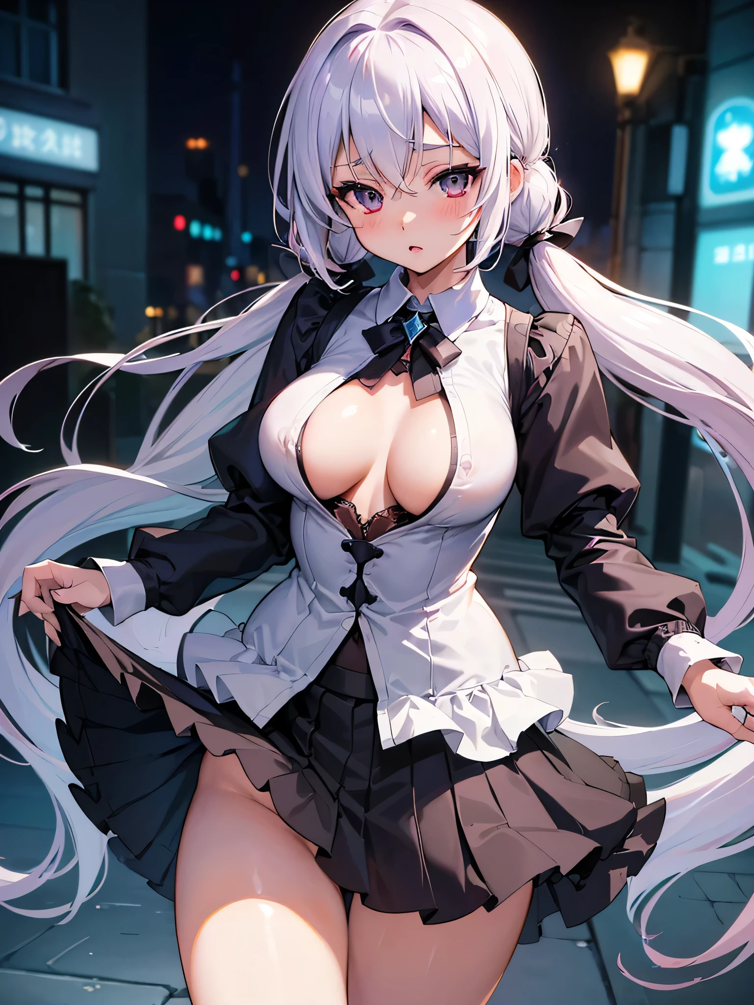 All intricate details: "(masterpiece, best quality, HuTao, 1girl, solo, blush, twintails, long hair, hair between eyes, ((very short street wear very short clothes)), city, outdoors, night, extremely detailed, firm breasts, medium breasts, smooth, high resolution, ultra quality, extremely thin and light clothing transparent as air, cinematic lighting, ambient occlusion, extremely detailed anime, Extremely wide diamond neckline, all clothes unbuttoned and open, detailed faces, perfect composition, wide shot, atmospheric lighting, very sexy, lift skirt, random low angle, uncensored, nsfw)@Keylash