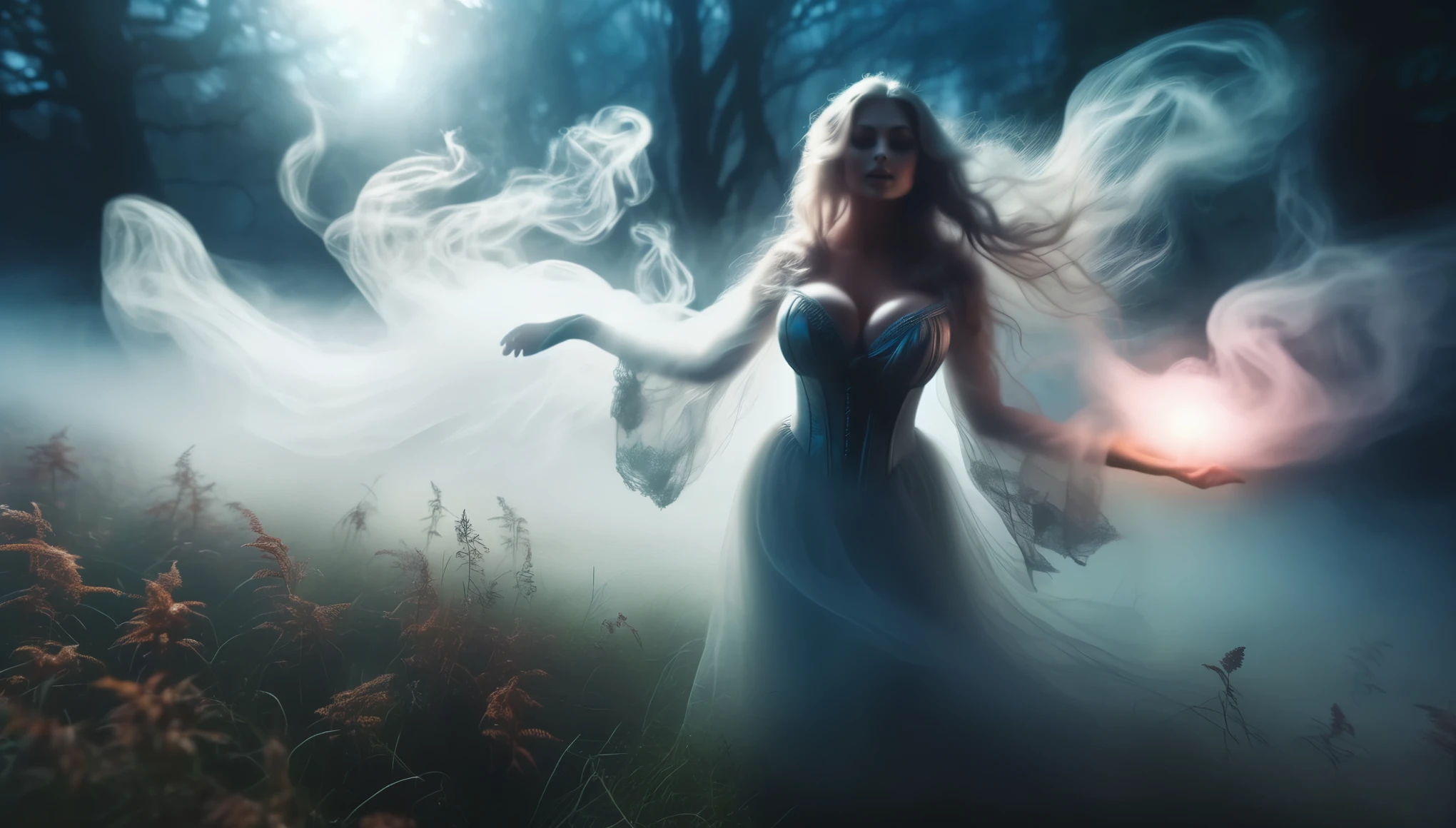 Enchanting witches dancing gracefully amidst swirling mists and glowing ethereal orbs in a moonlit clearing. (perfect face:1.6), (perfect realistic skin texture:1.5), (perfect eyes:1.5), photorealism, (sfw huge breasts:1.6)