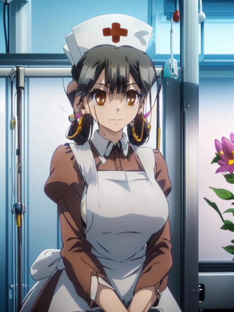 gran calidad ++ Extremely detailed high resolusionolution, very aesthetic, ojos expresivos, (((Cara perfecta))), (((face symmetrical))), ((good anatomy)), (((manos perfectas))), (((8k))), UHD, Fondo de pantalla HD, (((alta calidra detallada, (((((1girl)))))), solamente, Obra maestra, La mejor calidad, high resolusion, Altamente detallado, (illustration), hermosos ojos detallados, (((combatant))), (((((1girl))))), ((((cuerpo completo)))), (((((((miyu edelfelt)))))), Celestia de My Little Poni, (((adult body))), (((black hair))), (((hair rings)), (((bangs))), (((nurse cap))), (((pink collared dress))), (((apron))), Cabello largo y ondulado, (((brown eyes))), (((milfication))), (((mature female))), (((((gigantic breasts))))), (((Dedos detallados))), (((Smile))), (((asymmetrical body))), (((asymmetrical hair))), (((asymmetrical clothes))), Dedos precisos, Manos no antinaturales, strange eye, columnas griegas, exterior, (((hermoso bosque majestuoso))), hojas de parra rodeando las columnas, (((arbustos de flores por todas partes))), cielo despejado, bright sunny day, (((((hospital))))), (((running))),
