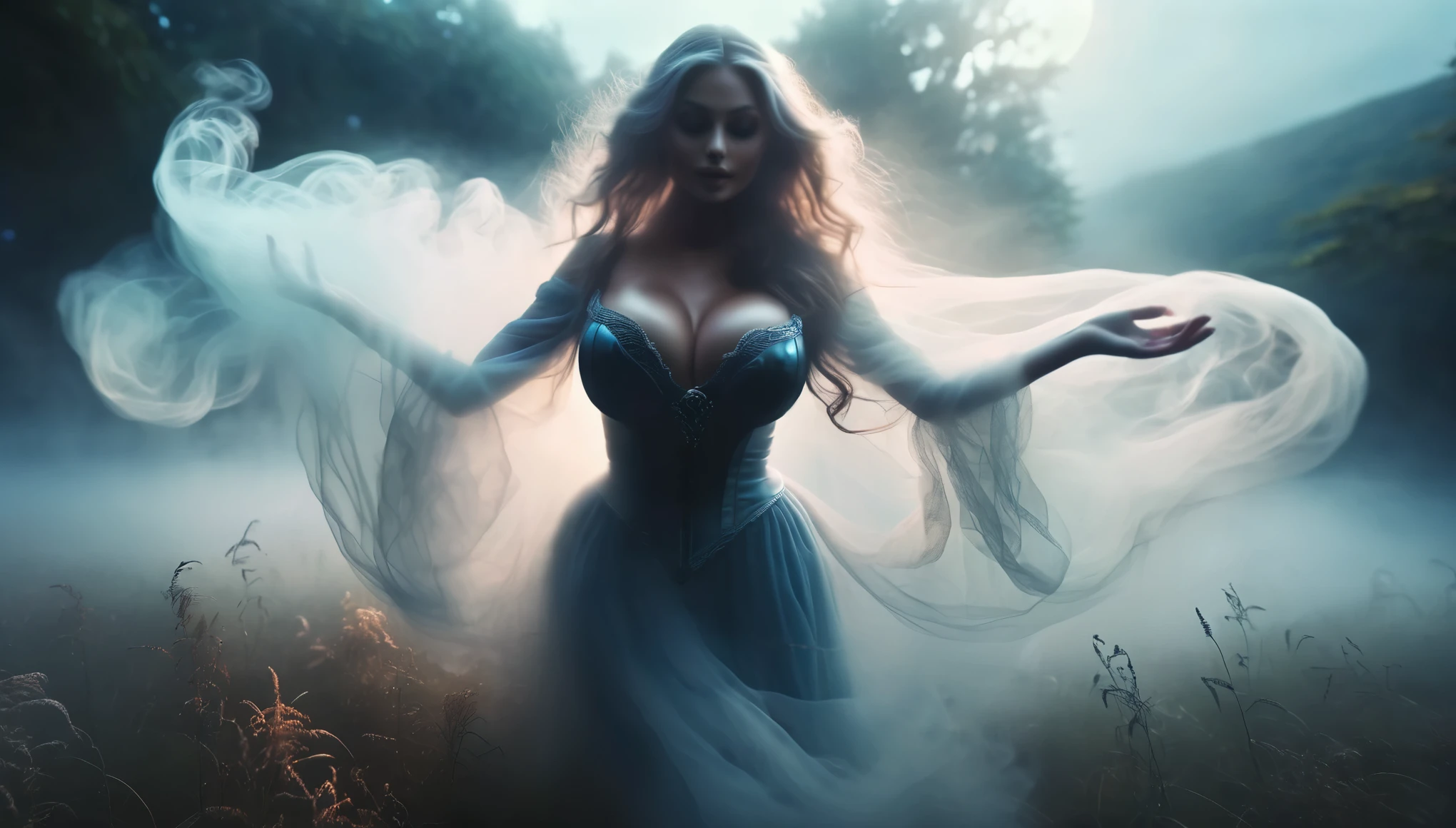 Enchanting witches dancing gracefully amidst swirling mists and glowing ethereal orbs in a moonlit clearing. (perfect face:1.6), (perfect realistic skin texture:1.5), (perfect eyes:1.5), photorealism, (sfw huge breasts:1.6)