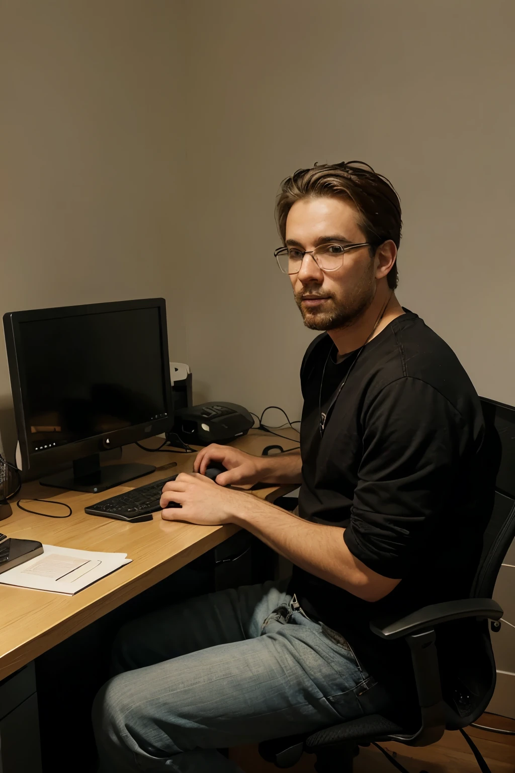 Guy's sitting at his desk, looking at his computer