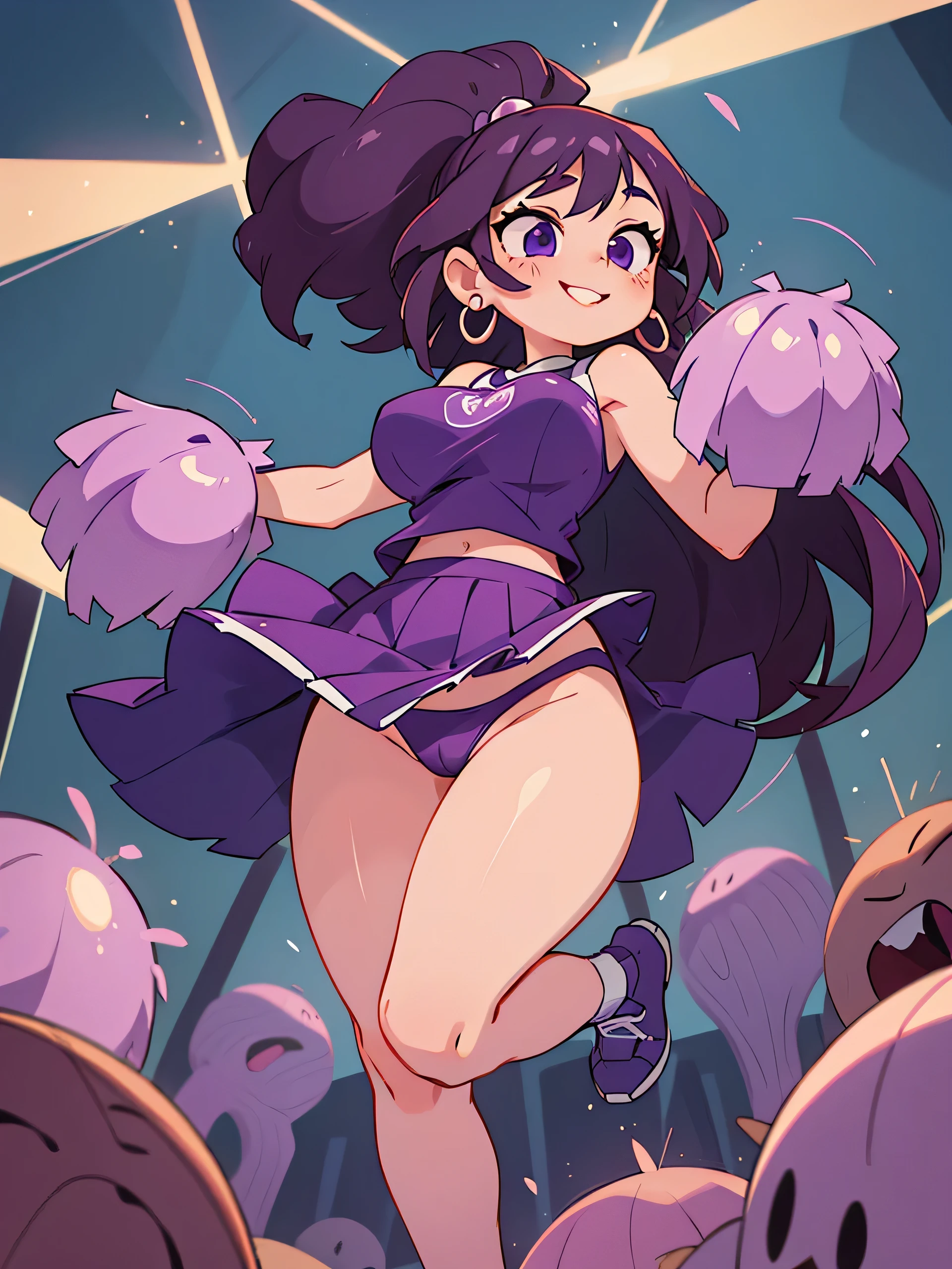 1 girl, dark purple hair, long hair, (big lips), dark purple eyes, huge breasts, light smile, blush, blush on the nose, open abdomen, from below, thick thighs, high thighs, lively, smile, thick thighs, wide hips, narrow waist, hourglass figure, bimbo, pearl earrings, full body, cheerleader outfit, on a street, skirt, visible thong, visible ass, jumping in the air
