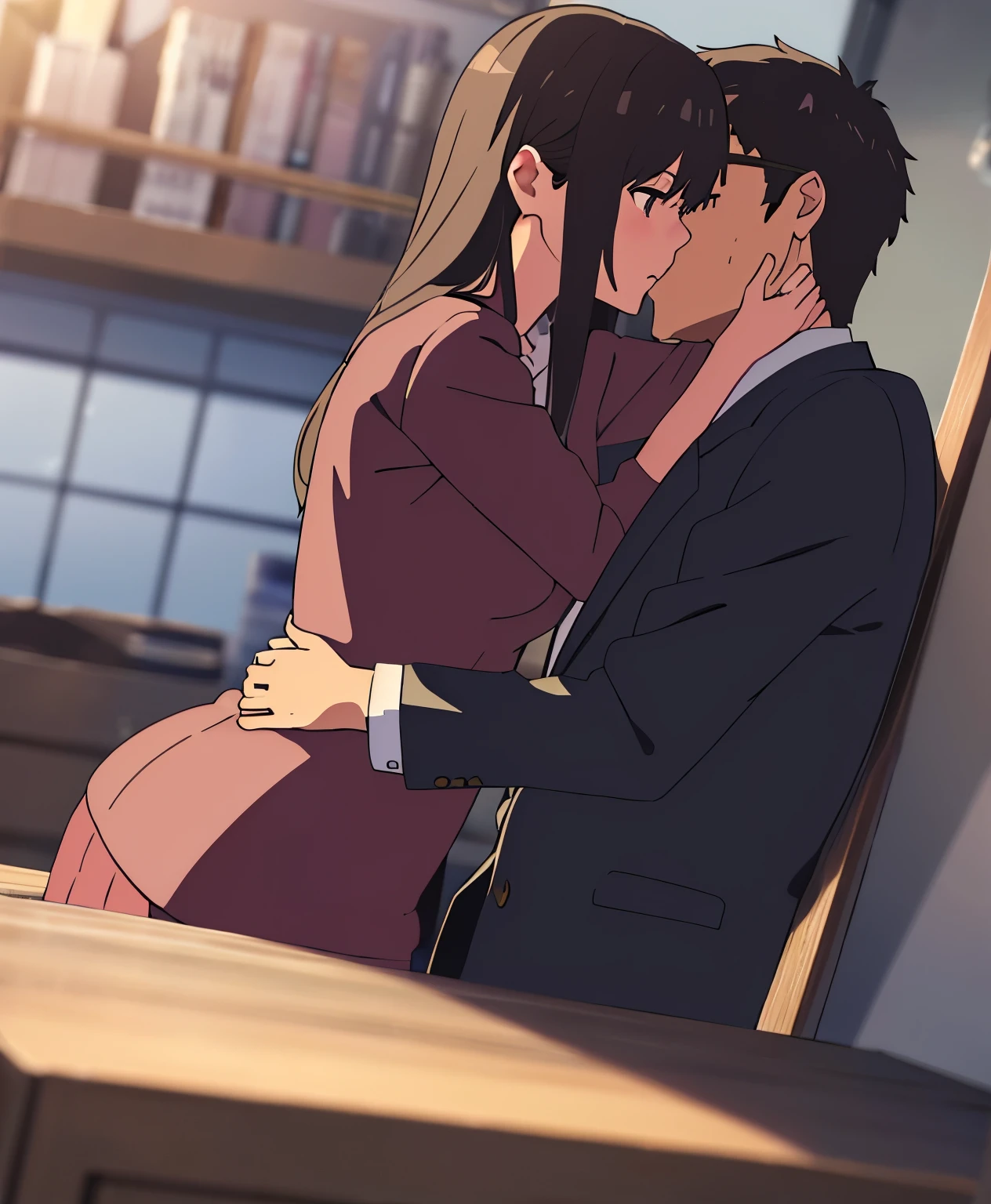 shinkai makoto, kimi no na wa., 1middle age man, wrinkle face, black hair,bangs swept to the right side, office suit, middle aged man caressing girl's body, kiss cheeks, passionate hug, boy is hugging from behind, chestgrope from behind, middle aged man is touchig girl's chest, hold chest, 1girl, nude, bangs, black hair, brown eyes, Twisted Half Up Hair, red ribbon, long hair, nipples, medium breast, storage room, indoors, masterpiece, perfect anatomy, cowboyshot