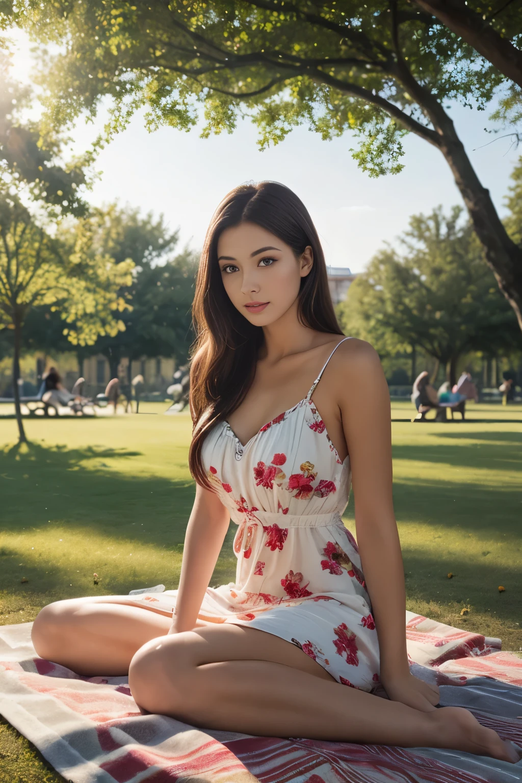 high-resolution photo of a beautiful woman wearing a summer dress sitting on a blanket in a park, photorealistic, UHD, optimal photography, natural lighting,