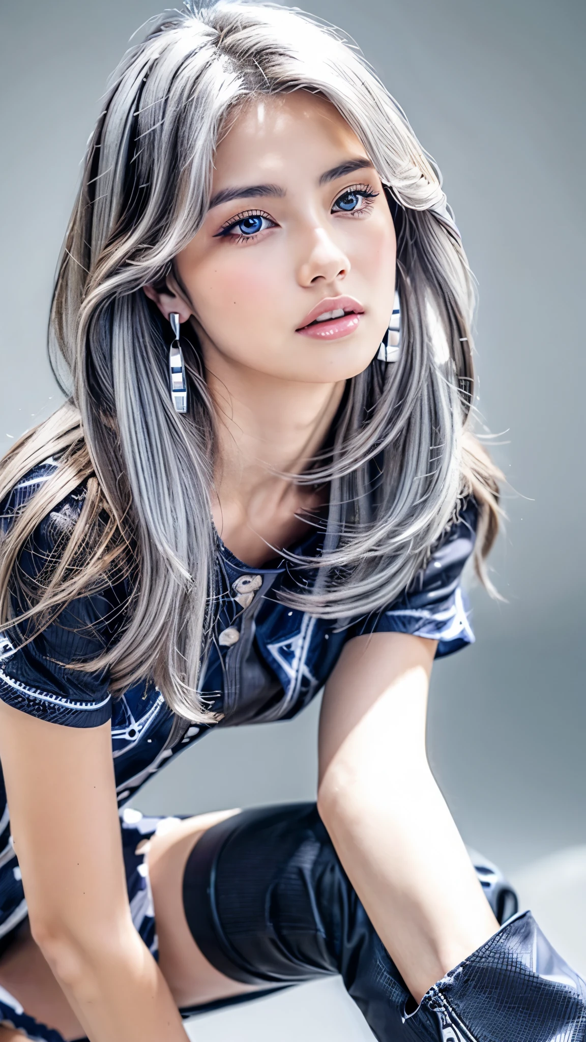 (anime:1.3), (fashion portrait:1.6), ultra detailed, beautiful, masterpiece, best quality, _ BREAK (1girl:1.2), 22 years old, 160 cm, Japanese cute model, Tightened all body, medium Breasts, (small head, small face:1.3), diamond Face, small nose, Sharp Faceline, BREAK (Glossy Lips:1.3), (Light color lips, Half open mouth, beautiful Teeth:1.2), (dropy eyes, Double eyelid, Blue eyes:1.2), _ BREAK (arranged hairstyle:1.3), (gray hair:1.3), _ BREAK (gray simple background:1.4), (blurry background, Fog, mist:1.2), _ BREAK (cowboy shot, all body:1.7), (sitting:1.6), sexy model pose, short length, (black tight leggings:1.2),
BREAK
(black high-cut sneakers:1.1), (silver hoop earrings:1.2), (minimalist silver necklace:1.2), (silver bracelet:1.2), (silver anklet:1.2)