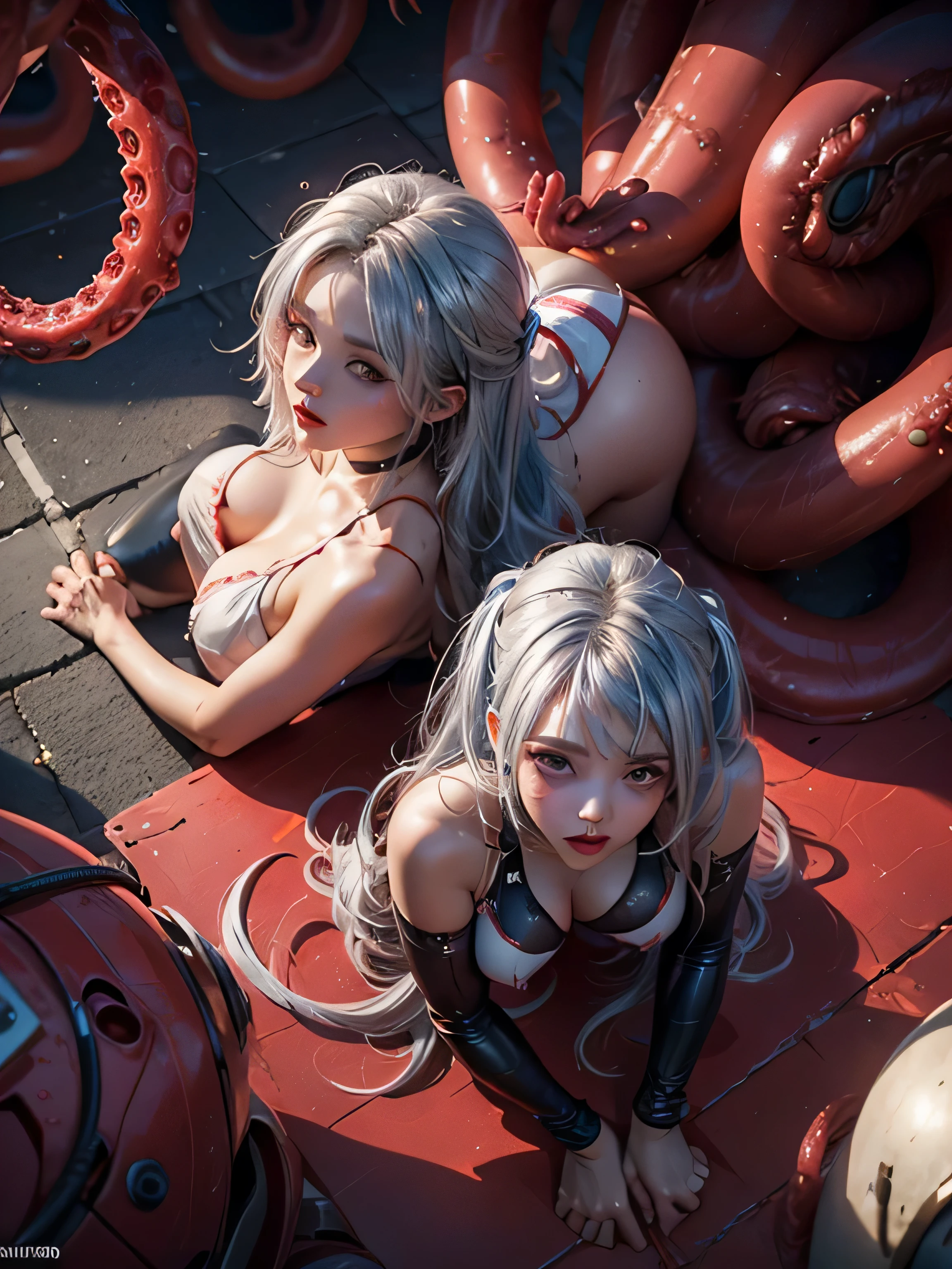 (photorealistic:1.8, highest quality:1.8,8K masterpiece:1.8,High resolution,muste piece:1.8,RAW Photos,cinematic lighting),No split screen、cyber punk、luxury basement、wet floor、
 (1 android girl:1.3)、Completely naked、choker、big breasts、High leg tight suit、beautiful butt、beautiful thighs,plump nipples、cameltoe、normal ears、correct２basic、(Soryu Asuka Langley)、
Body painting with a pop design drawn all over the body、pop art design、cutting edge fashion、conceptual art、
crawl on all fours、(Top view:1.4)、
(Suspension by tentacles:1.6)、（Countless tentacles wrapped around the body: 1.5）、(Tentacles clinging to:1.5)、（Tentacles groping nipples：1.5）、（Tentacles tangling in the thighs: 1.5）、（Tentacles tangled in both legs:1.5）、giant octopus、attacked by tentacles、
180 degree spread legs、lie down、lift your hips、rich expression、fun、embarrassing、(happy ahegao)、
(Beautiful, shining crimson, blue, red, white and silver hair:1.5)、shining blue eyes、thin line