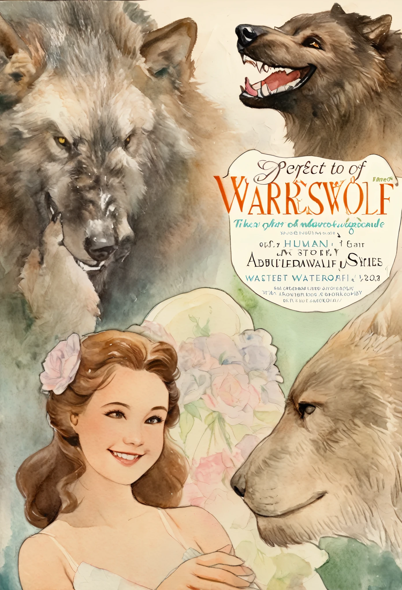 cover page, Marriage information Magazine, watercolor, soft color, Vintage images, highres, unparalleled masterpiece, absurdres, love story of human girl and giant Werewolf, pair, Height difference, Physical difference, A friendly girl and a werewolf, perfect anatomy, smile, joyful, play with, smile, happy, watercolor,