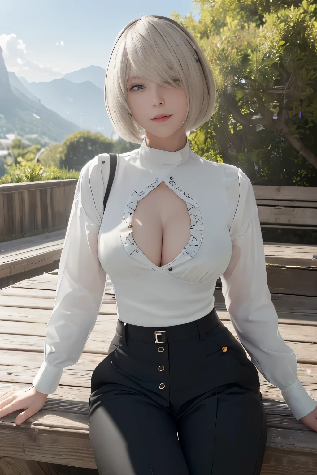 ((((masterpiece, Best Quality, High resolution)))), extremely detailed 8K, sexy Beautiful teen girl with slim body, (Ultra HD, Ultra-detailed, Highly detailed, Highly realistic, Ultra-realistic, photos realistic), (1girl:1.5), blonde hair, short bob cut like YoRha no.2 type B, (dynamic poses), facing at camera, light smile, (huge breasts: 1.2), (beautiful detailed face, Beautiful detailed eyes), (white shirt,Chest button not fastened,Thin material,black trousers:1.5), Glow, Sweat, (rays of sunshine, Sunlight)，sexy long legs, nakeness,bared chest,Sexy, Blushing,look up to the sky, ultra realistic wide landscape, photogenic scenery,sitting on the bench outdoor park, windy