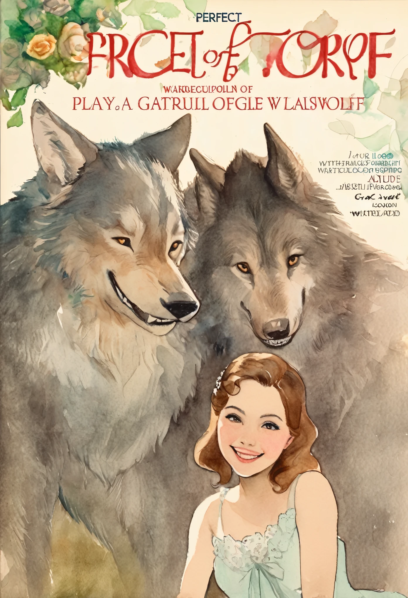 cover page, Marriage information Magazine, watercolor, soft color, Vintage images, highres, unparalleled masterpiece, absurdres, love story of human girl and giant Werewolf, pair, Height difference, Physical difference, A friendly girl and a werewolf, perfect anatomy, smile, joyful, play with, smile, happy, watercolor,