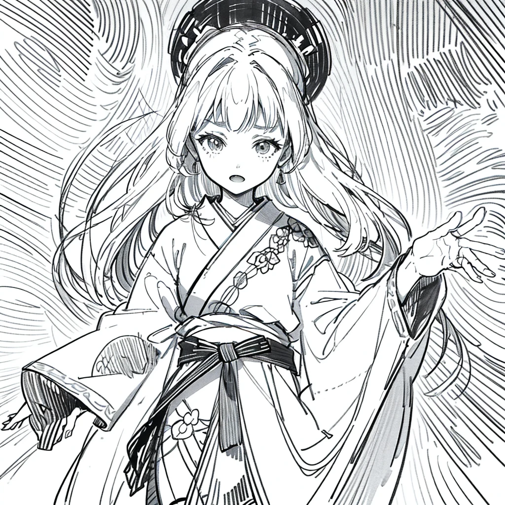 As a coloring book, the color should be black and white, the border should be simple, clear, and bold. [Girl with a ponytail] wearing a [kimono with fox pattern] practicing [kendo] in a [dojo], with [hair ties decorated with fox charms]