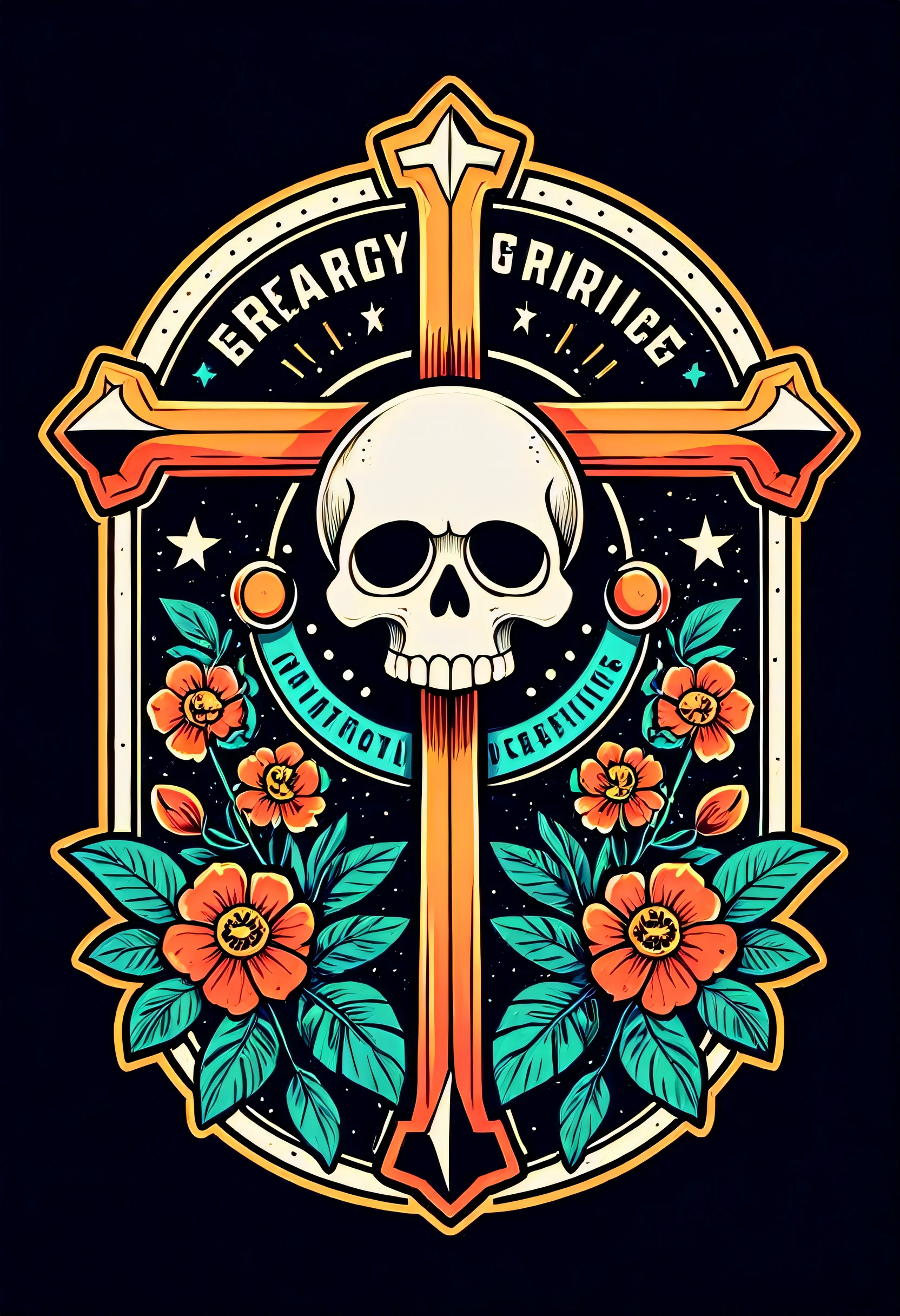 (best quality,black background:1.2),bold outlined emblematic cross , vintage with text. illustration for a sticker, in a regular geometric symmetric style, The Grind Athletics, with a skull in base, tatto details