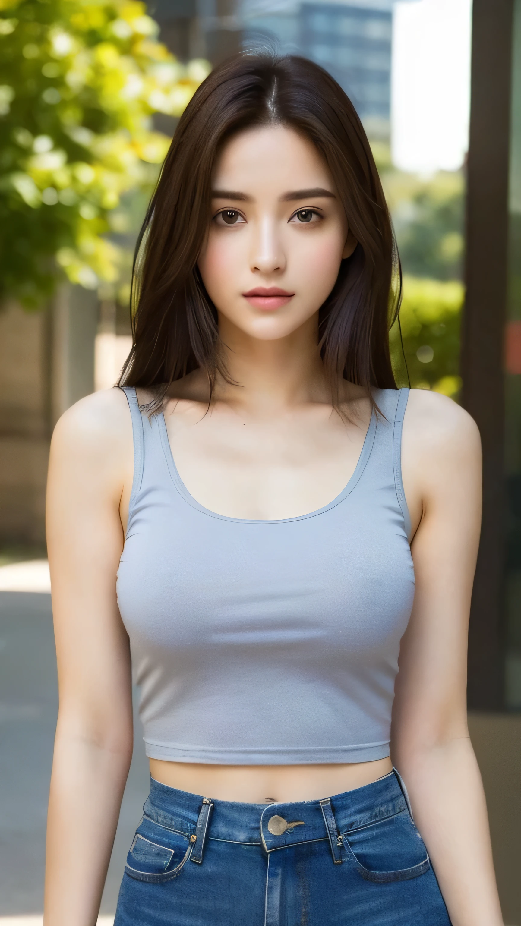(realista, high resolution:1.3), 1 garota com um corpo perfeito, rosto e olhos super finos,cabelo comprido, Random color tank top:1.2, jeans curtos, peito grande,Expor decote