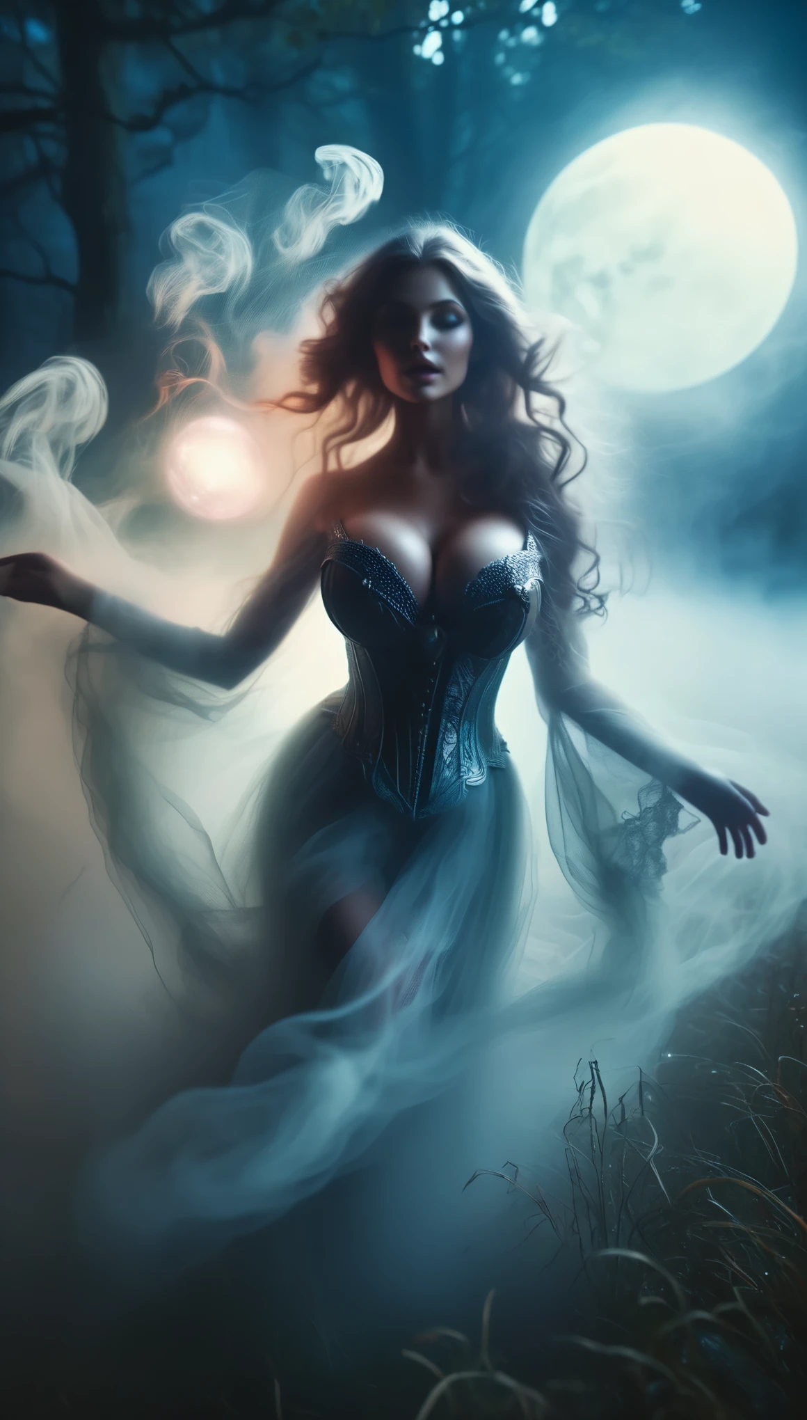 Enchanting witches dancing gracefully amidst swirling mists and glowing ethereal orbs in a moonlit clearing. (perfect face:1.6), (perfect realistic skin texture:1.5), (perfect eyes:1.5), photorealism, (sfw huge breasts:1.6)