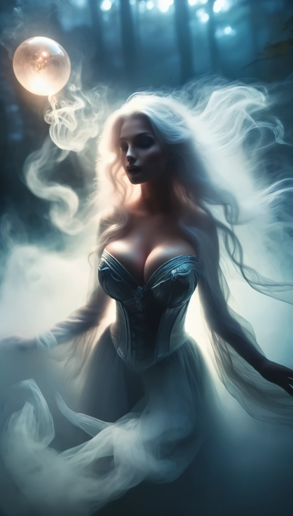 Enchanting witches dancing gracefully amidst swirling mists and glowing ethereal orbs in a moonlit clearing. (perfect face:1.6), (perfect realistic skin texture:1.5), (perfect eyes:1.5), photorealism, (sfw huge breasts:1.6)