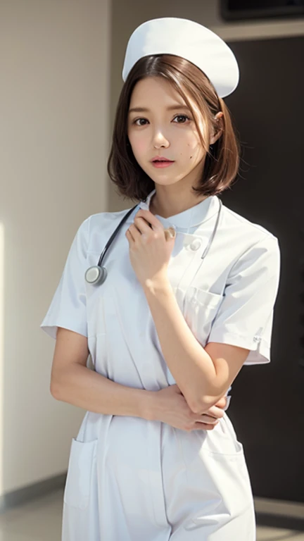 1 girl,(Wearing white nurse clothes:1.2),(Raw photo, highest quality), (realistic, photo-realistic:1.4), masterpiece, very delicate and beautiful, very detailed, 2k wallpaper, wonderful, finely, very detailed CG unity 8k wallpaper, Super detailed, High resolution, soft light, beautiful detailed girl, very detailed eyes and face, beautifully detailed nose, finely beautiful eyes, nurse, perfect anatomy, black hair, up style, nurse uniform, ((nurse cap)), long skirt, nurse, white costume, thin, hospital, clear, white uniform, hospital room, Neck auscultation,close your face,