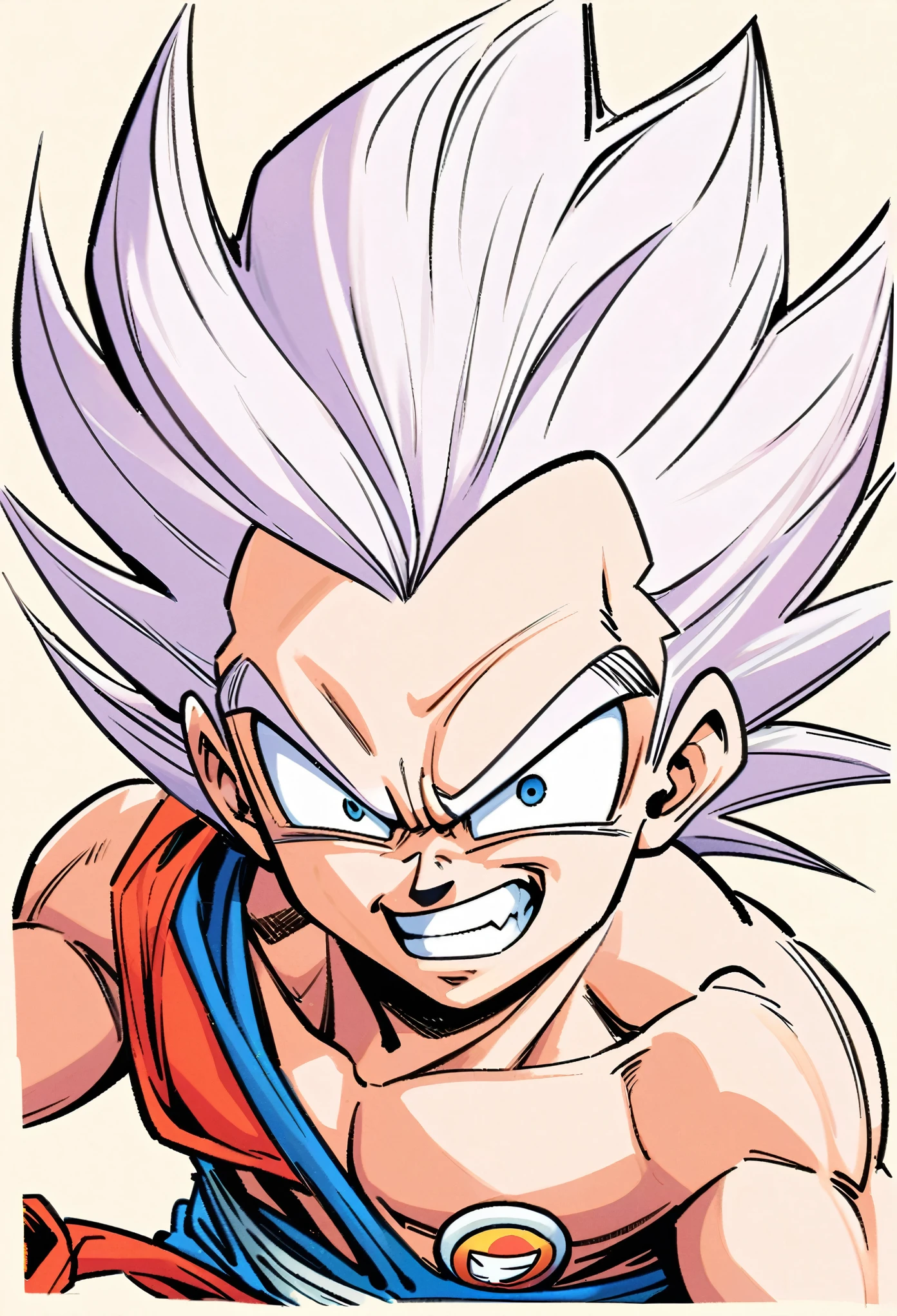 criatura humanoide super poderosa com pele branca com eletricidade saindo de seu corpo, cabelo espetado, sem ouvidos, corpo masculino, corpo branco, fechaduras azuis, Villain, Olhar maligno, sadistic smile, corpo muscular, renderizado, Looking at the Viewer, Dragon Ball-inspired villain, realismo, non-human, sem nariz, ombreira laranja, olhos amarelos