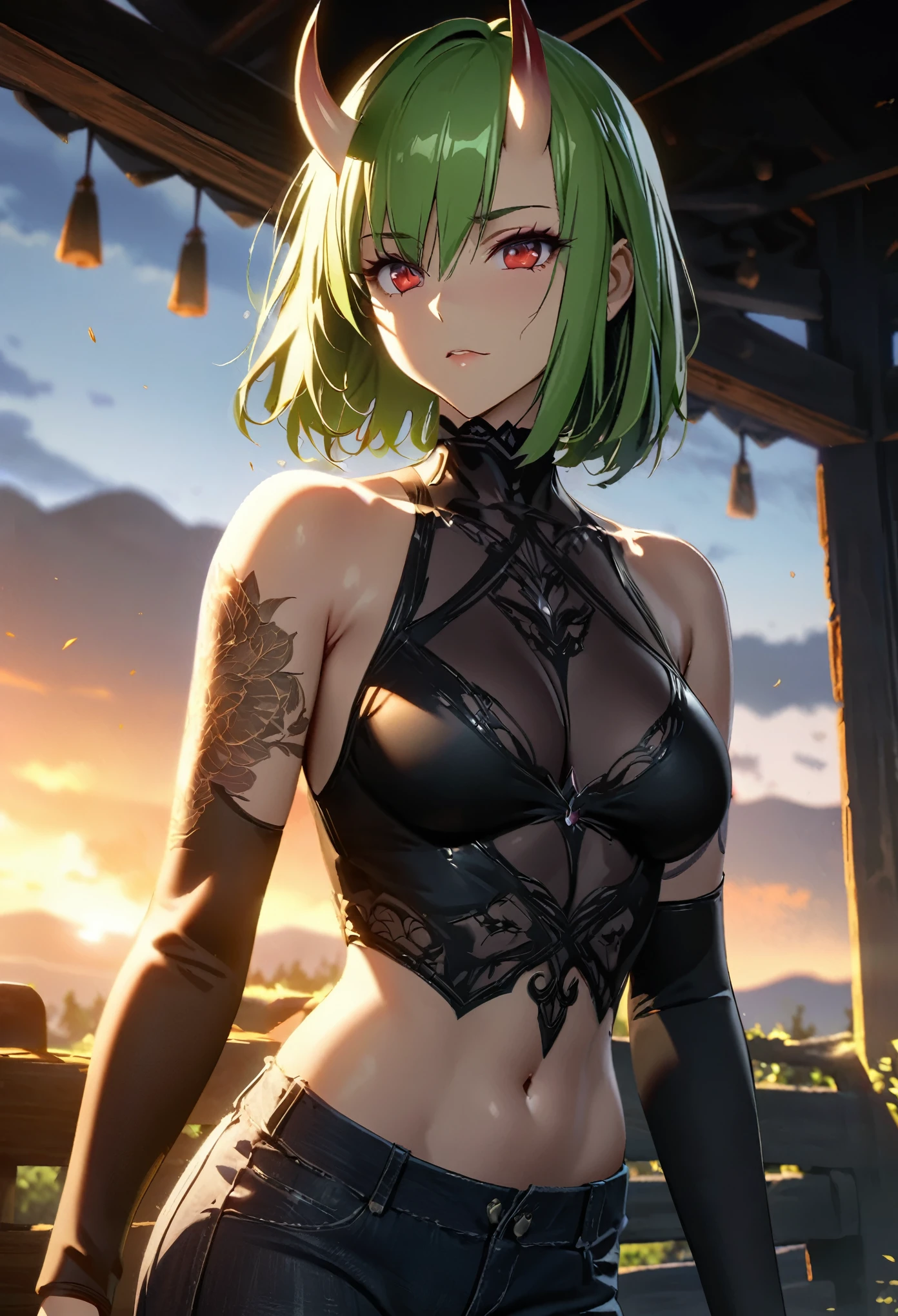 ((solo)), (woman), red eyes, lime green hair, very short hair, straight hair, (sculpted body), medium breasts, thick, (30 year old), demon horns, oni horns, tattoos, demon girl, a close up of a person on a village under the sunrise, detailed key anime art, casimir art, masamune shiro, masamune, beautiful woman in demon slayer art, heise jinyao, shadowverse style, (no logos), (pants, dark shirt), eye reflection, depth of field, cinematic lighting, ray tracing, depth of field, cinematic lighting, ray tracing, UHD, high details, best quality, highres, high quality, award winning, super detail, masterpiece, 8k, UHD, high details, best quality, highres, high quality, award winning, super detail, masterpiece, 8k][