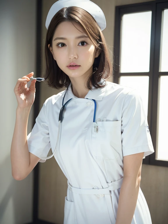 1 girl,(Wearing white nurse clothes:1.2),(Raw photo, highest quality), (realistic, photo-realistic:1.4), masterpiece, very delicate and beautiful, very detailed, 2k wallpaper, wonderful, finely, very detailed CG unity 8k wallpaper, Super detailed, High resolution, soft light, beautiful detailed girl, very detailed eyes and face, beautifully detailed nose, finely beautiful eyes, nurse, perfect anatomy, black hair, up style, nurse uniform, ((nurse cap)), long skirt, nurse, white costume, thin, hospital, clear, white uniform, hospital room, Neck auscultation,close your face,upper body shot