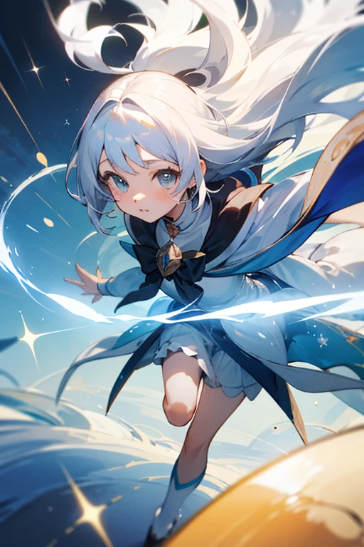 white hair, long hair pony tail with a ribbon,  blue eyes, magician, heavy fur cape, long sleeves, long legs, dark brown pantyhose, leotard, sapphire gem necklace, casting spell in midair, bird-like spell effects