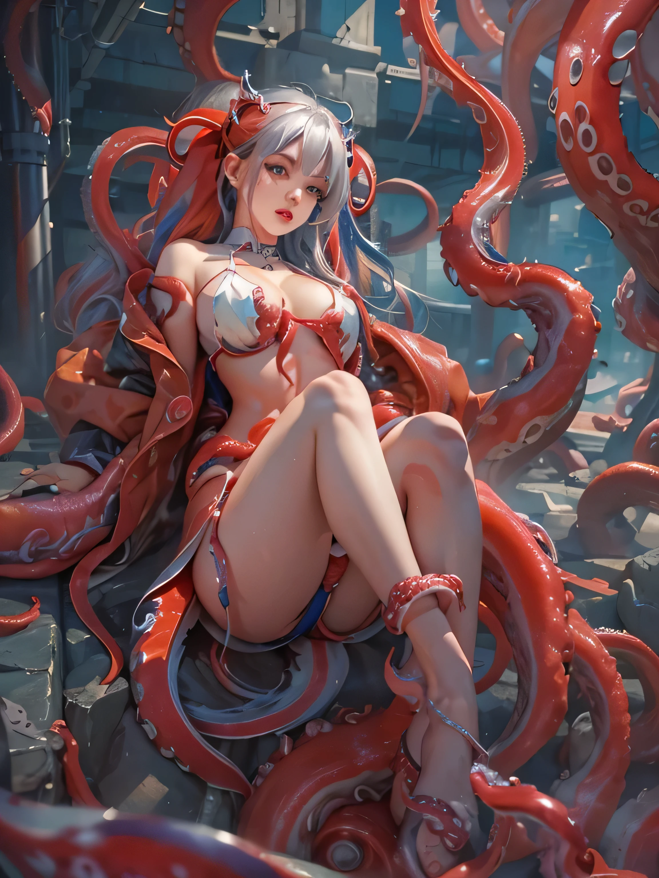 (photorealistic:1.8, highest quality:1.8,8K masterpiece:1.8,High resolution,muste piece:1.8,RAW Photos,cinematic lighting),No split screen、cyber punk、luxury basement、wet floor、
(1 android girl:1.3)、Completely naked、choker、big breasts、wet shirt、Flipped miniskirt、beautiful butt、beautiful thighs,plump nipples、cameltoe、normal ears、correct2basic、(Soryu Asuka Langley)、
Body painting with a pop design drawn all over the body、pop art design、cutting edge fashion、conceptual art、
crawl on all fours、(Top view:1.4)、
(Suspension by tentacles:1.6)、(Countless tentacles wrapped around the body: 1.5)、(Tentacles clinging to:1.5)、(Tentacles groping nipples:1.5)、(Tentacles tangling in the thighs: 1.5)、(Tentacles tangled in both legs:1.5)、giant octopus、attacked by tentacles、
180 degree spread legs、lie down、lift your hips、rich expression、fun、embarrassing、(happy ahegao)、
(Beautiful, shining crimson, blue, red, white and silver hair:1.5)、shining blue eyes、double eyelid:1.6、thin line