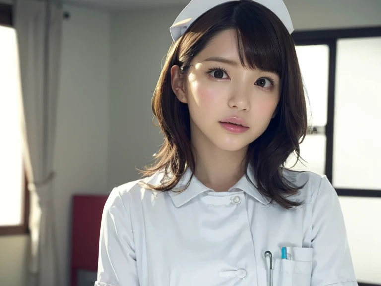 1 girl,(Wearing white nurse clothes:1.2),(Raw photo, highest quality), (realistic, photo-realistic:1.4), masterpiece, very delicate and beautiful, very detailed, 2k wallpaper, wonderful, finely, very detailed CG unity 8k wallpaper, Super detailed, High resolution, soft light, beautiful detailed girl, very detailed eyes and face, beautifully detailed nose, finely beautiful eyes, nurse, perfect anatomy, black hair, up style, nurse uniform, ((nurse cap)), long skirt, nurse, white costume, thin, hospital, clear, white uniform, hospital room, Neck auscultation,close your face,upper body shot