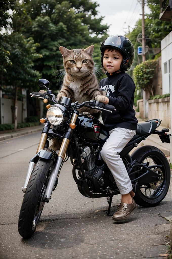 3 well dressed, encima de uma moto, com um gato branco. Foto realista, de alta qualidade 4k.