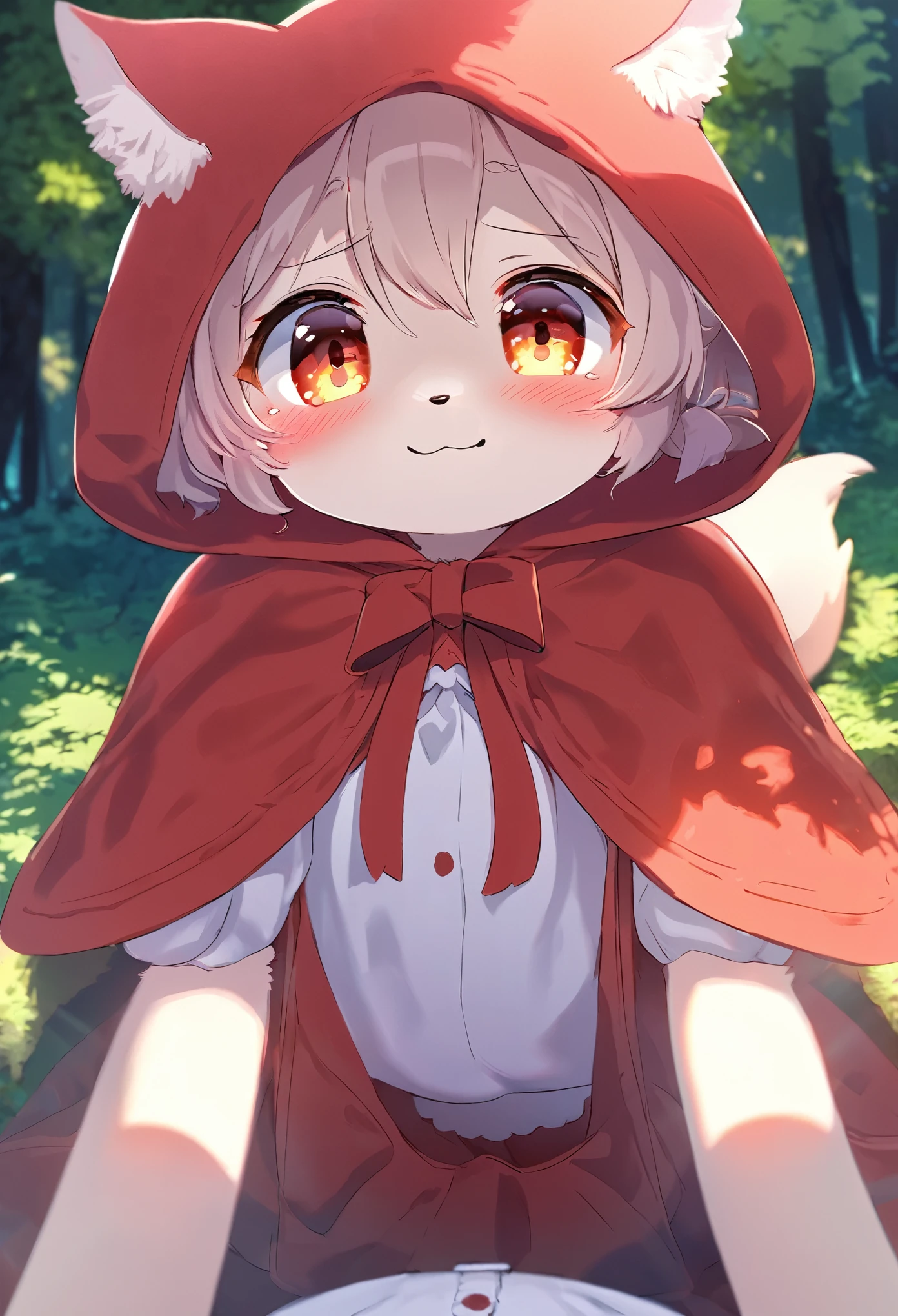 top quality, best quality, High-quality illustrations, masterpiece, super high resolution, detailed background, (super cute girl, solo)Little Red Riding Hood, forest, girl, open Clothes, on back, absurdres(highly detailed beautiful face and eyes)perfect anatomy, expression, good lighting, cinematic shadow, embarrassed, smile:0.2, blush, cinematic shadow(kemono, furry anthro), pov,