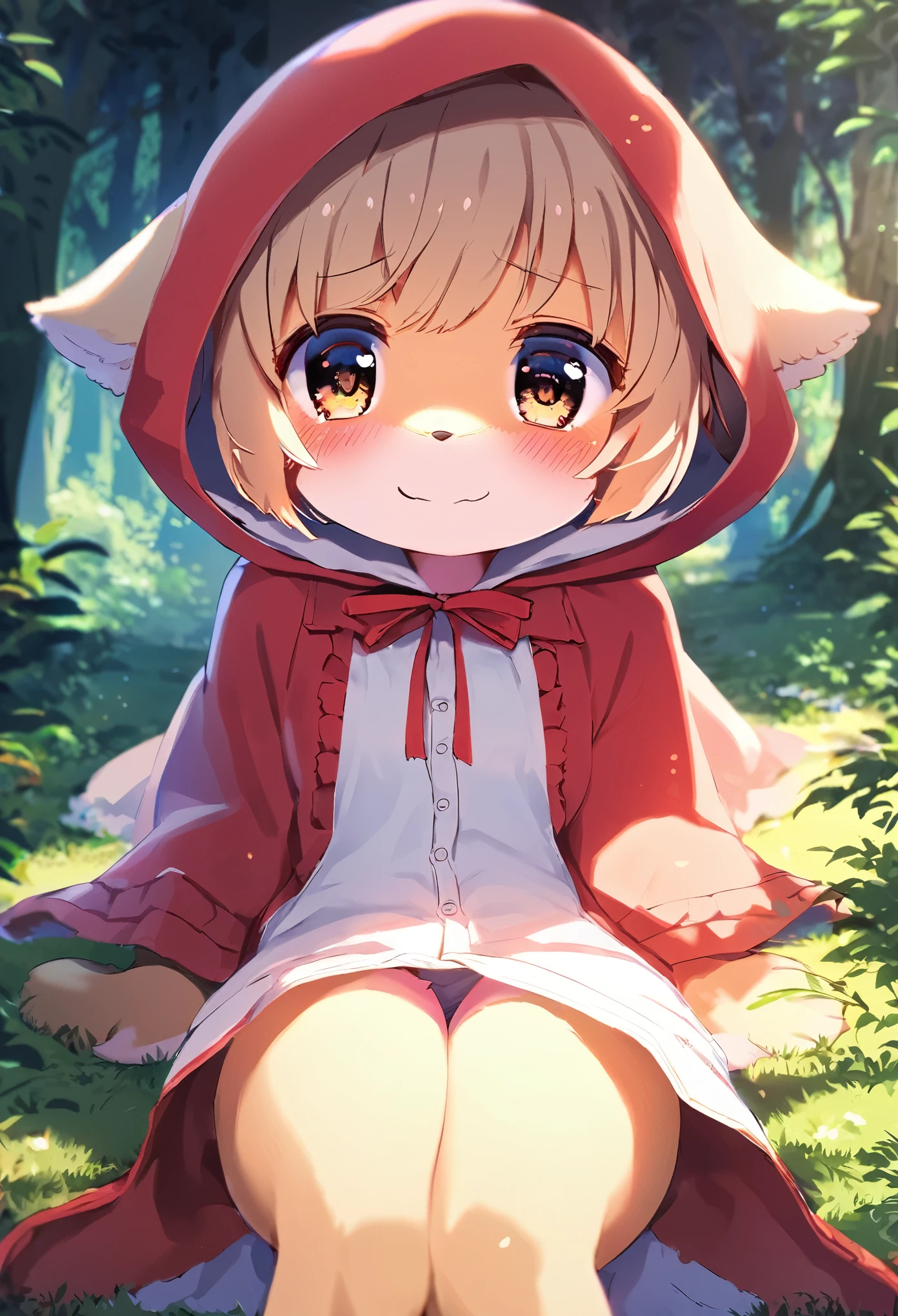 top quality, best quality, High-quality illustrations, masterpiece, super high resolution, detailed background, (super cute girl, solo)Little Red Riding Hood, forest, girl, open Clothes, on back, absurdres(highly detailed beautiful face and eyes)perfect anatomy, expression, good lighting, cinematic shadow, embarrassed, smile:0.2, blush, cinematic shadow(kemono, furry anthro), pov,