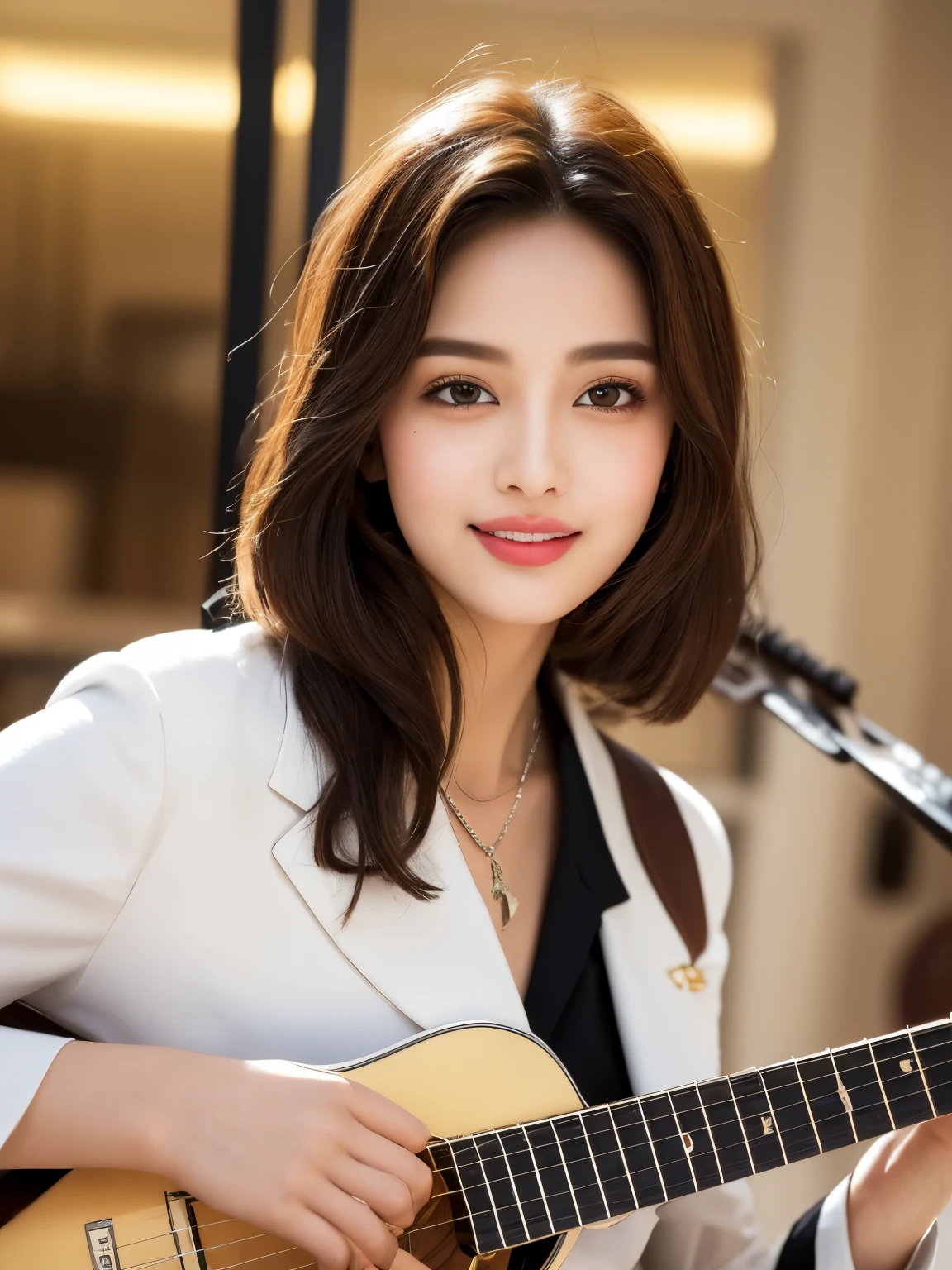 1 Arabian model ,unique hair details, formal blazer, T-shirt、シンプルなsilver necklace. Curve details , fine eyes, double eyelid,(( plump lips:1.3)), short hair, professional makeup, golden ratio, hyper res、smile、 ((lip gloss))、Paris cafe scene、silver necklace、((playing the guitar:1.2))