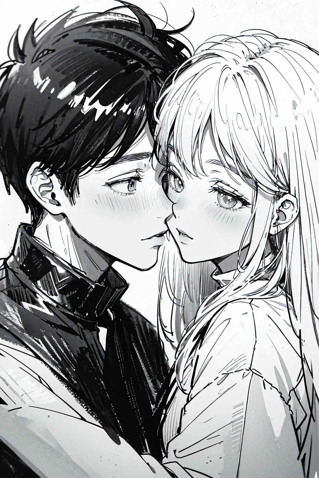 Line art. ((Sketch)). Black and white. An anime style photo. A romance style. Boy and girl close up photo. Looking at each other. The girl blushing her face and close her eyes. They are about to kiss each other
