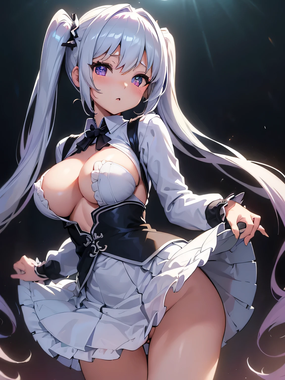 All intricate details: "(masterpiece, best quality, HuTao, 1girl, solo, blush, twintails, long hair, hair between eyes, ((very short street wear very short clothes)), city, outdoors, night, extremely detailed, firm breasts, medium breasts, smooth, high resolution, ultra quality, extremely thin and light clothing transparent as air, cinematic lighting, ambient occlusion, extremely detailed anime, Extremely wide diamond neckline, all clothes unbuttoned and open, detailed faces, perfect composition, wide shot, atmospheric lighting, very sexy, lift skirt, random low angle, uncensored, nsfw