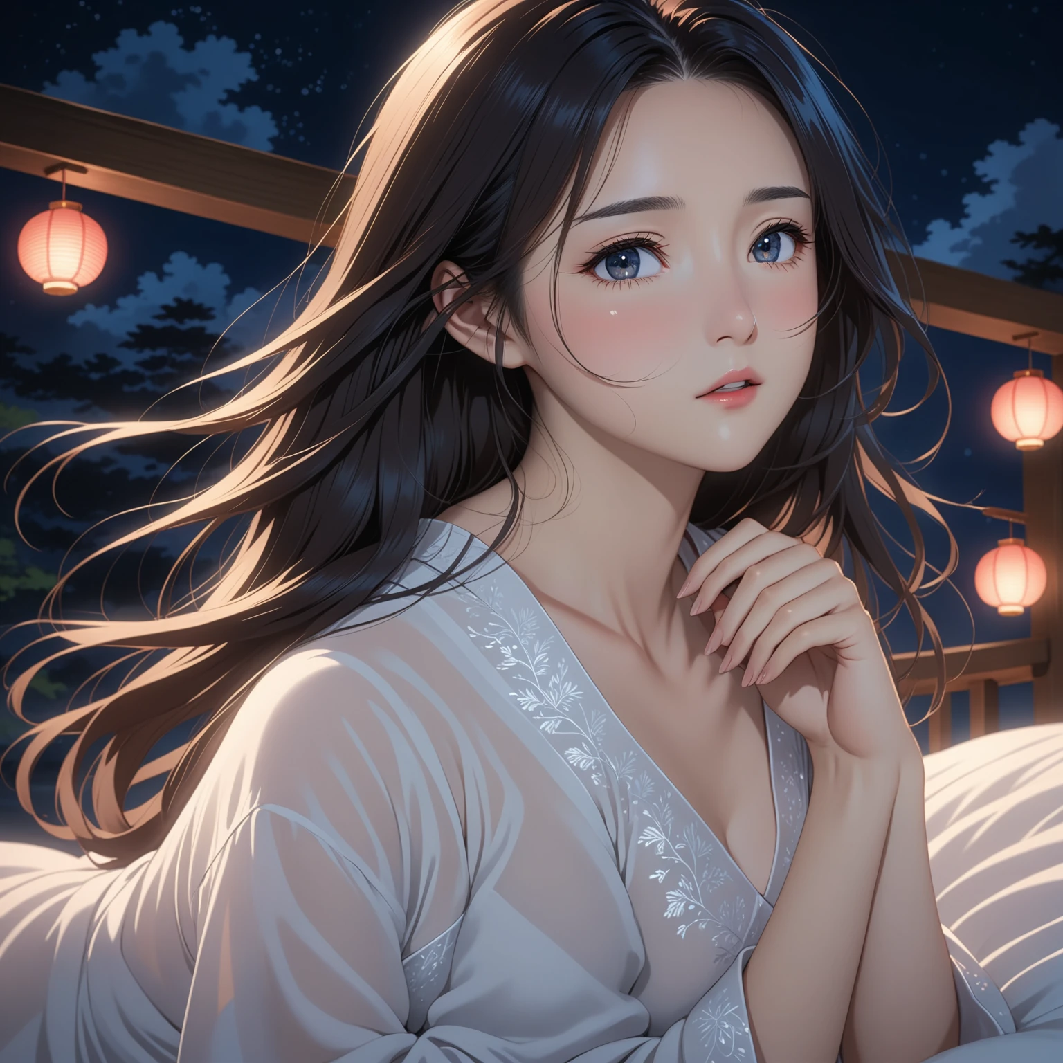 masterpiece, High resolution, illustration, kyoto animation style, cinematic style, night, midnight, Light, (1 female: 1.3), (alone: 1.4), long eyelashes, long hair, hair blowing, nose blushing, futon, seductive,  calm, semi-transparent nightdress, mid breasts, face close-up, hide with hands, full gorgeous body view.