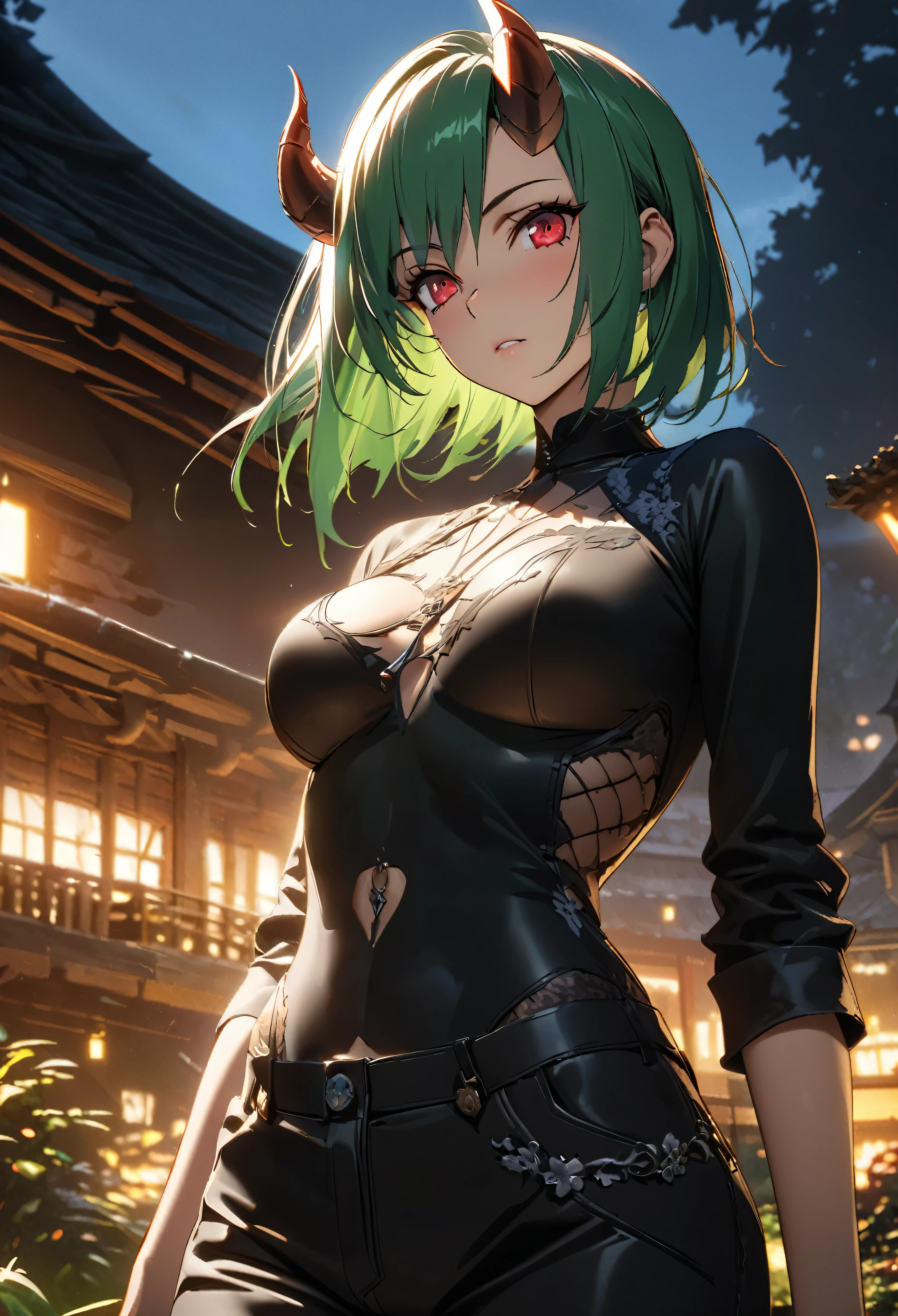 ((solo)), (woman), red eyes, lime green hair, very short hair, straight hair, (sculpted body), medium breasts, thick, (30 year old), demon horns, oni horns, tattoos, demon girl, a close up of a person on a village under the sunrise, detailed key anime art, casimir art, masamune shiro, masamune, beautiful woman in demon slayer art, heise jinyao, shadowverse style, (no logos), (pants, dark shirt), eye reflection, depth of field, cinematic lighting, ray tracing, depth of field, cinematic lighting, ray tracing, UHD, high details, best quality, highres, high quality, award winning, super detail, masterpiece, 8k, UHD, high details, best quality, highres, high quality, award winning, super detail, masterpiece, 8k