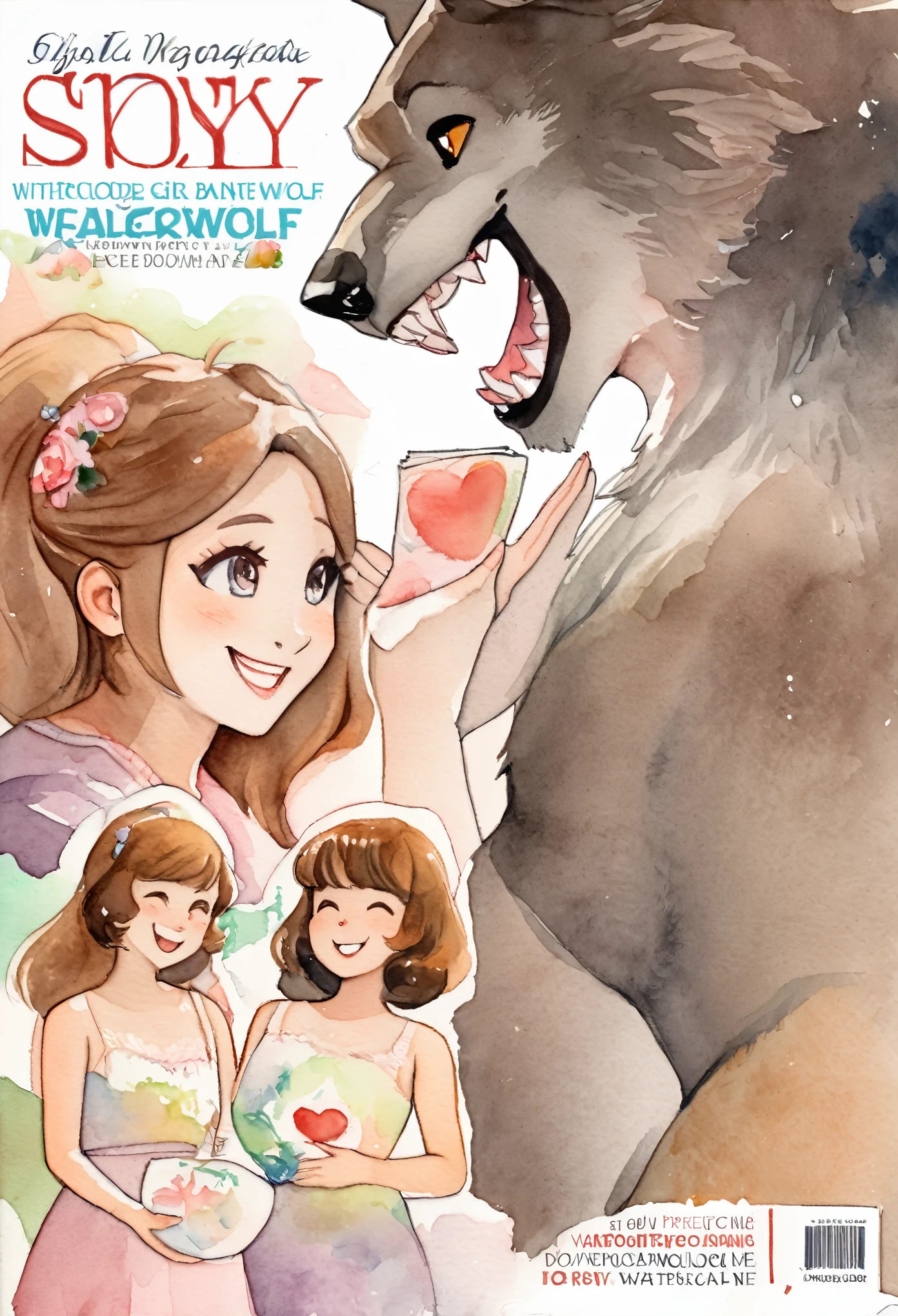 cover page, Marriage information Magazine, watercolor, highres, unparalleled masterpiece, absurdres, love story of human girl and giant Werewolf, pair, Height difference, Physical difference, A friendly girl and a werewolf, perfect anatomy, smile, joyful, play with, smile, happy, watercolor,