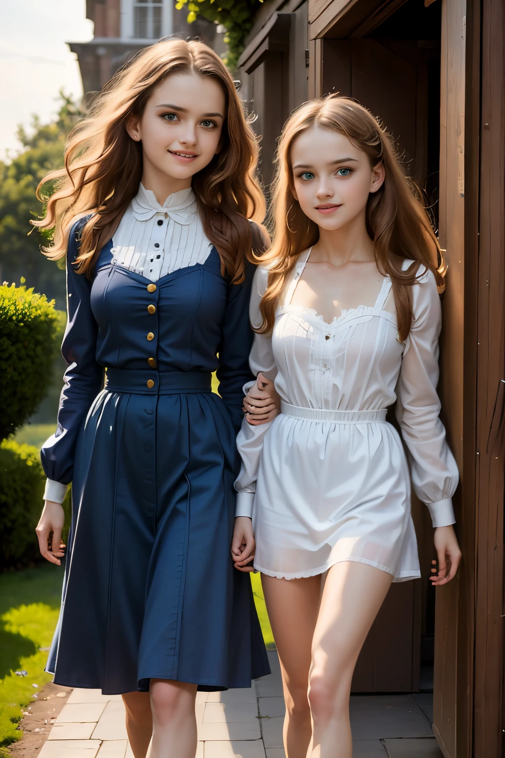 two girls, (Virginia Otis, 15 years old (blond hair, blue eyes)) pose with (16 years old Georgie Gerald (blond hair, green eyes)). Victorian style. thin, cute face, walks at night in Canterville Castle (inspired by the novel The Canterville Ghost). aged 1887, Victorian fantasy