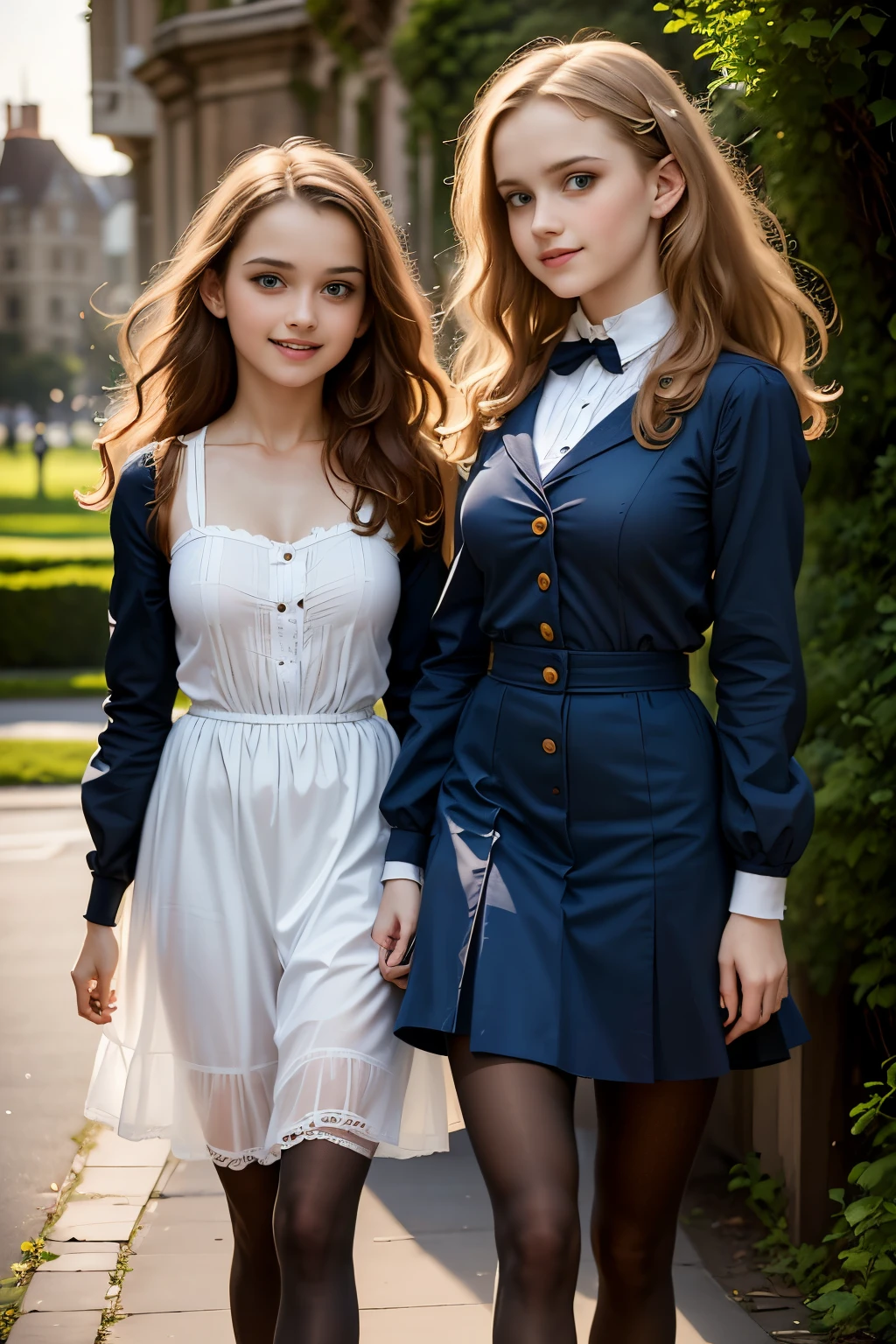 two girls, (Virginia Otis, (blond hair, blue eyes)) pose with (16 years oldald (blond hair, green eyes)). Victorian style. thin, cute face, walks at night in Canterville Castle (inspired by the novel The Canterville Ghost). aged 1887, Victorian fantasy