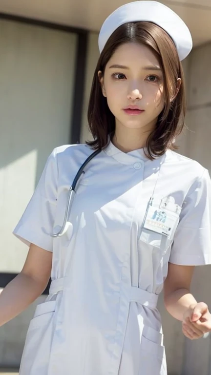 1 girl,(Wearing white nurse clothes:1.2),(Raw photo, highest quality), (realistic, photo-realistic:1.4), masterpiece, very delicate and beautiful, very detailed, 2k wallpaper, wonderful, finely, very detailed CG unity 8k wallpaper, Super detailed, High resolution, soft light, beautiful detailed girl, very detailed eyes and face, beautifully detailed nose, finely beautiful eyes, nurse, perfect anatomy, black hair, up style, nurse uniform, ((nurse cap)), long skirt, nurse, white costume, thin, hospital, clear, white uniform, hospital room, Neck auscultation,close your face,