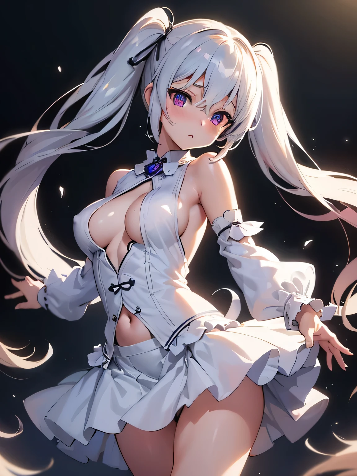 All intricate details: "(masterpiece, best quality, HuTao, 1girl, solo, blush, twintails, long hair, hair between eyes, ((very short street wear very short clothes)), city, outdoors, night, extremely detailed, firm breasts, medium breasts, smooth, high resolution, ultra quality, extremely thin and light clothing transparent as air, cinematic lighting, ambient occlusion, 50% nude, extremely detailed anime, Extremely wide diamond neckline, all clothes unbuttoned and open, detailed faces, perfect composition, wide shot, atmospheric lighting, very sexy pose, lift skirt, random low angle,