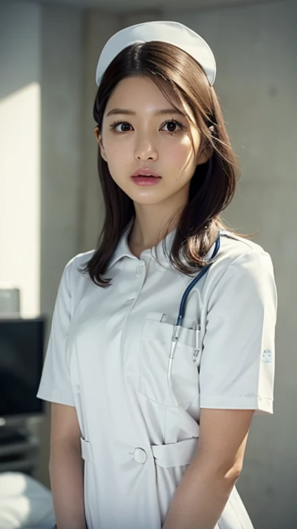 1 girl,(Wearing white nurse clothes:1.2),(Raw photo, highest quality), (realistic, photo-realistic:1.4), masterpiece, very delicate and beautiful, very detailed, 2k wallpaper, wonderful, finely, very detailed CG unity 8k wallpaper, Super detailed, High resolution, soft light, beautiful detailed girl, very detailed eyes and face, beautifully detailed nose, finely beautiful eyes, nurse, perfect anatomy, black hair, up style, nurse uniform, ((nurse cap)), long skirt, nurse, white costume, thin, hospital, clear, white uniform, hospital room, Neck auscultation,close your face,